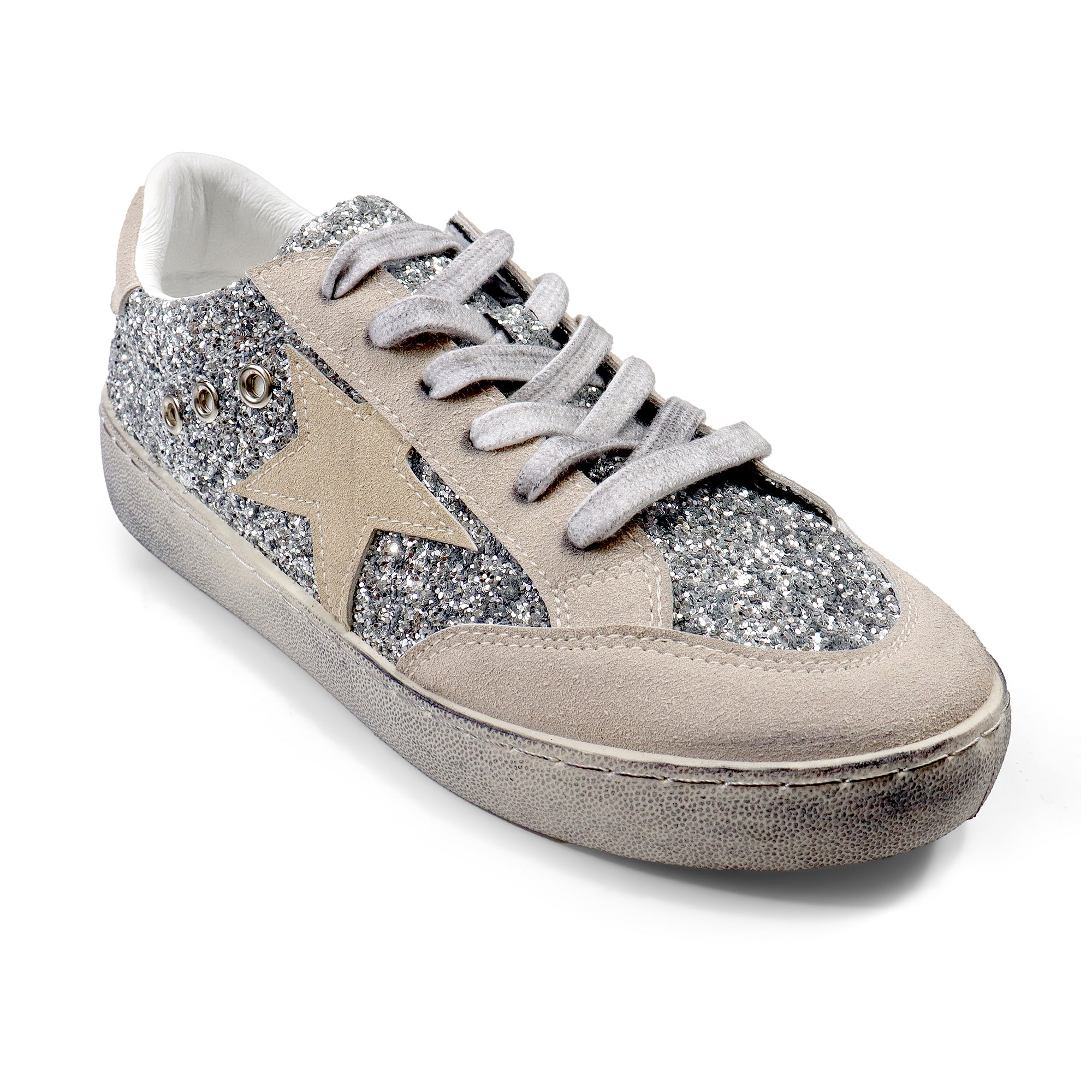 MONDAY-3  BURNISH EFFECT PATCHED SNEAKER SILVER