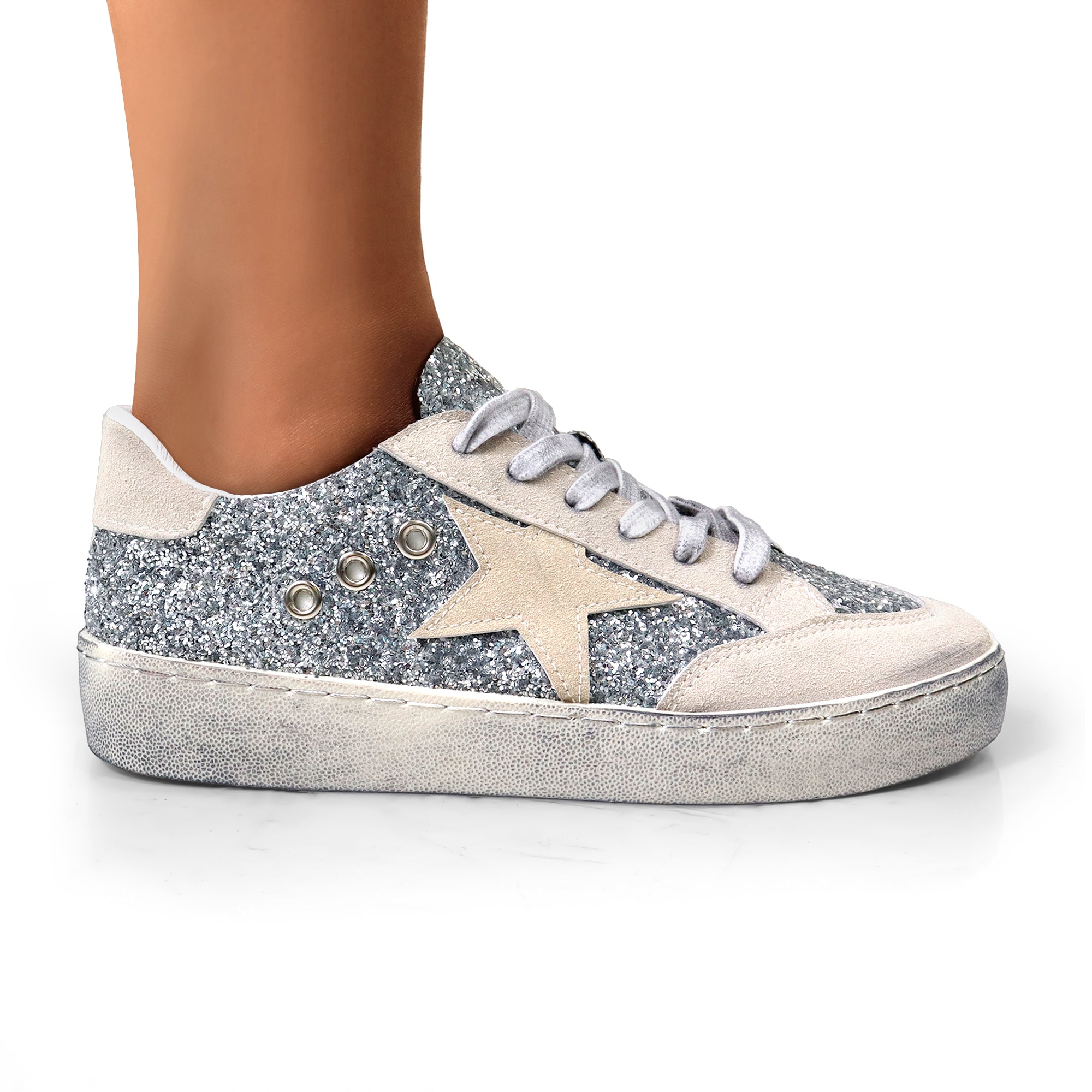 MONDAY-3  BURNISH EFFECT PATCHED SNEAKER SILVER