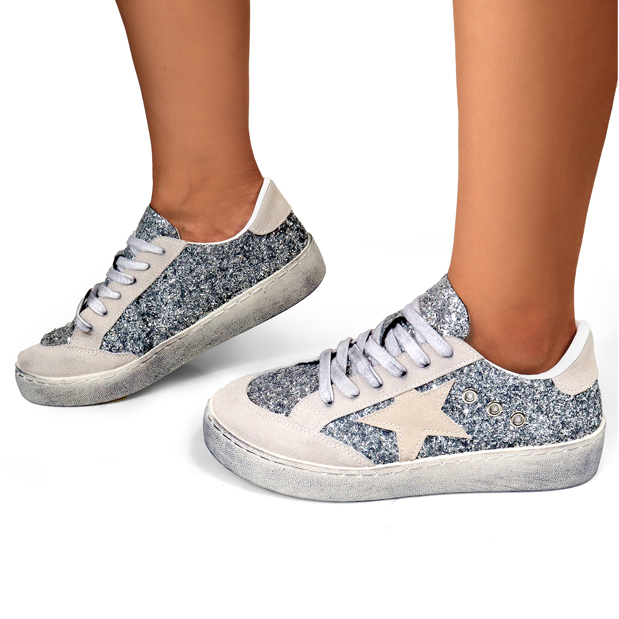 MONDAY-3  BURNISH EFFECT PATCHED SNEAKER SILVER