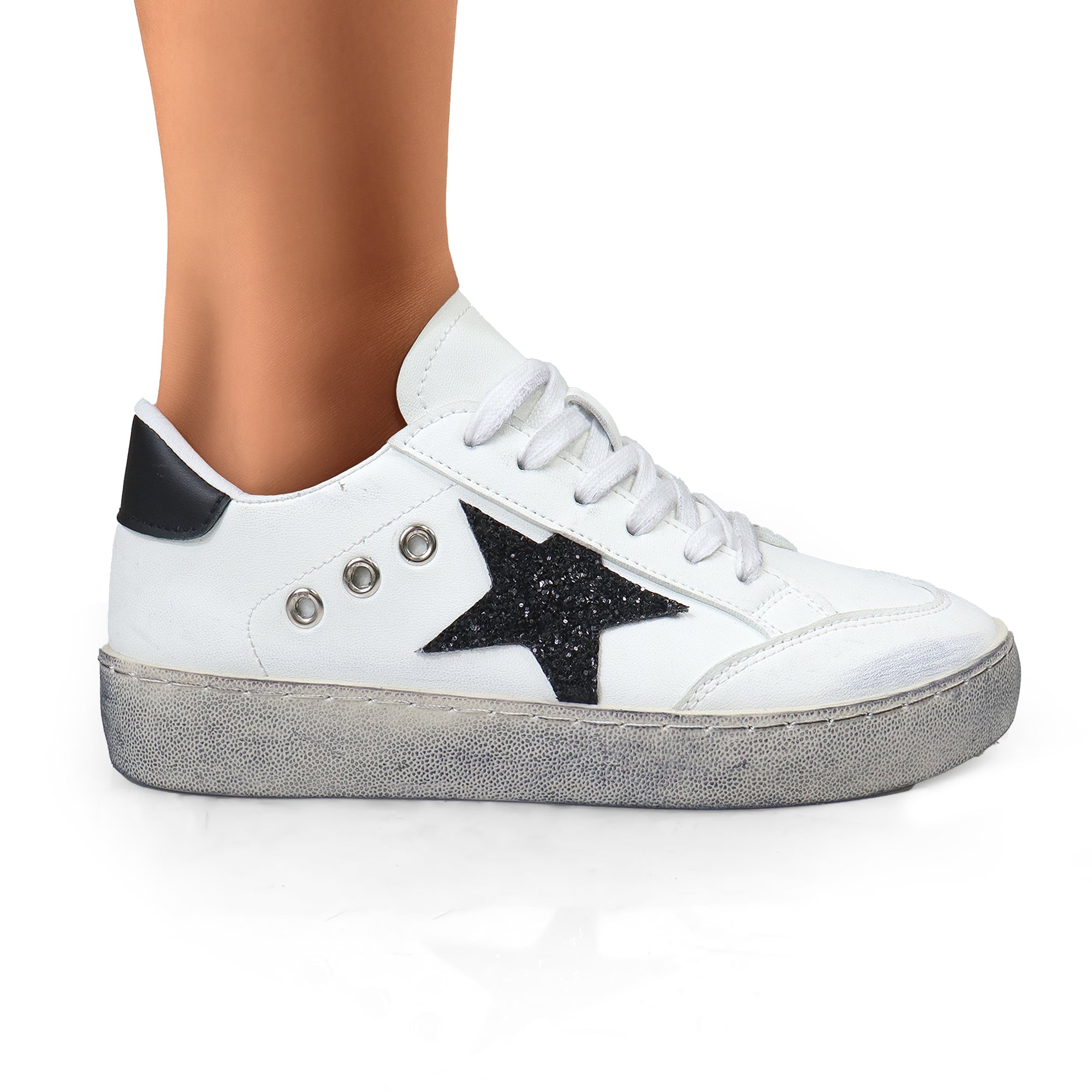MONDAY-3  BURNISH EFFECT PATCHED SNEAKER WHITE/BLACK