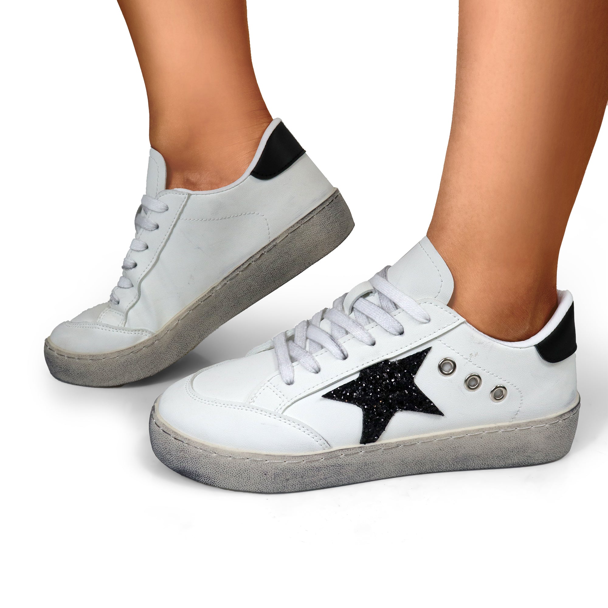 MONDAY-3  BURNISH EFFECT PATCHED SNEAKER WHITE/BLACK