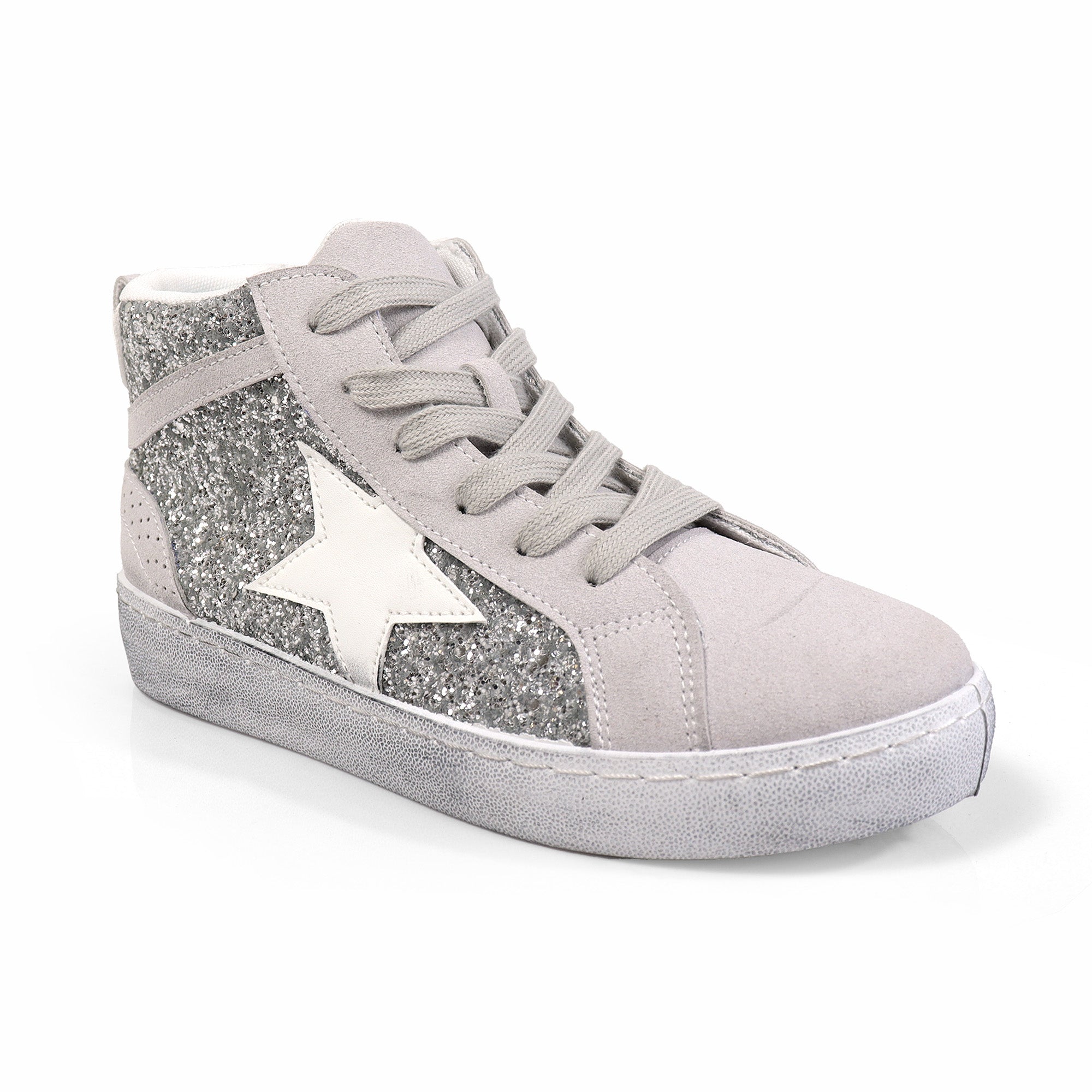 MONDAY-4 BURNISH EFFECT PATCHED MID STAR SNEAKER SILVER