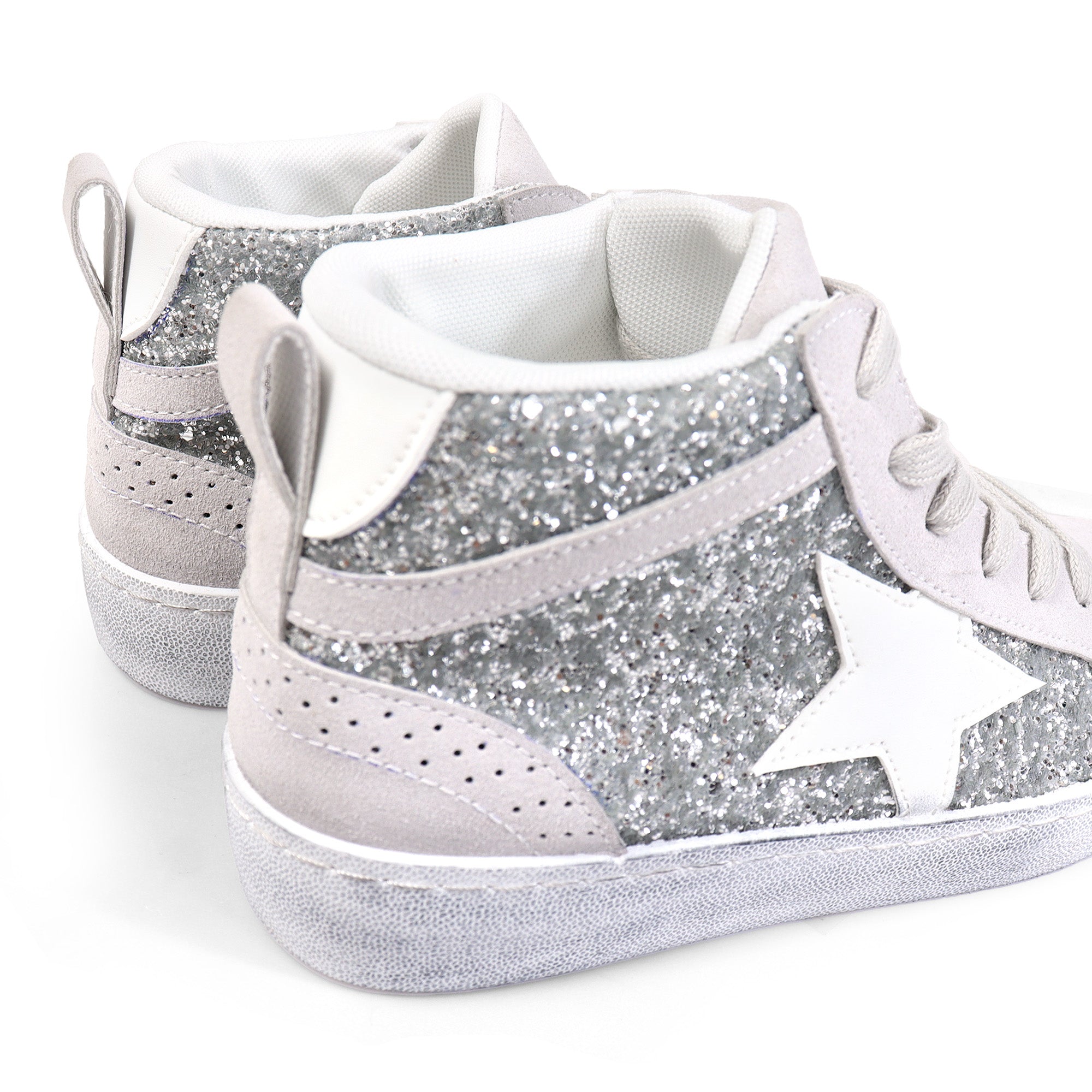 MONDAY-4 BURNISH EFFECT PATCHED MID STAR SNEAKER SILVER