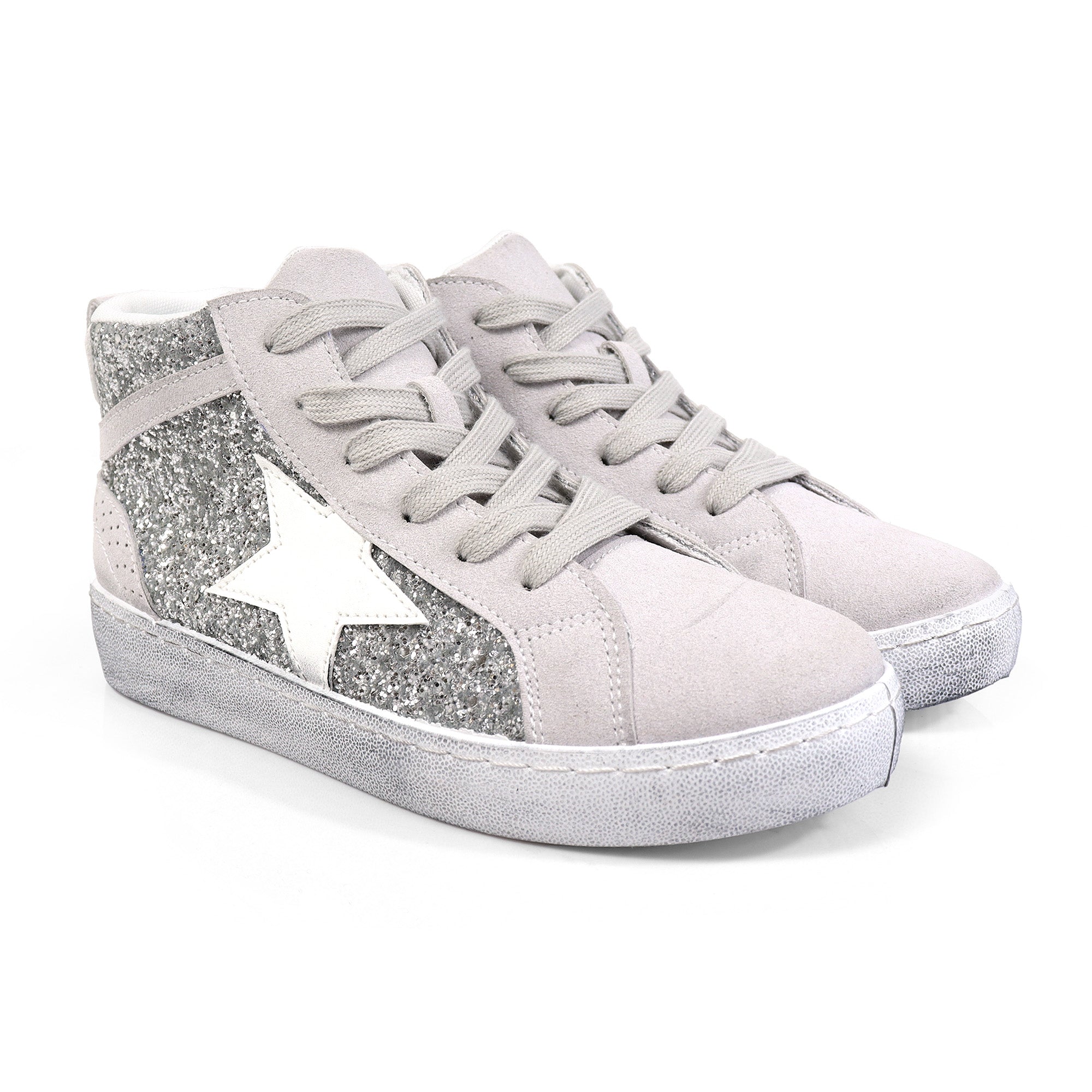 MONDAY-4 BURNISH EFFECT PATCHED MID STAR SNEAKER SILVER