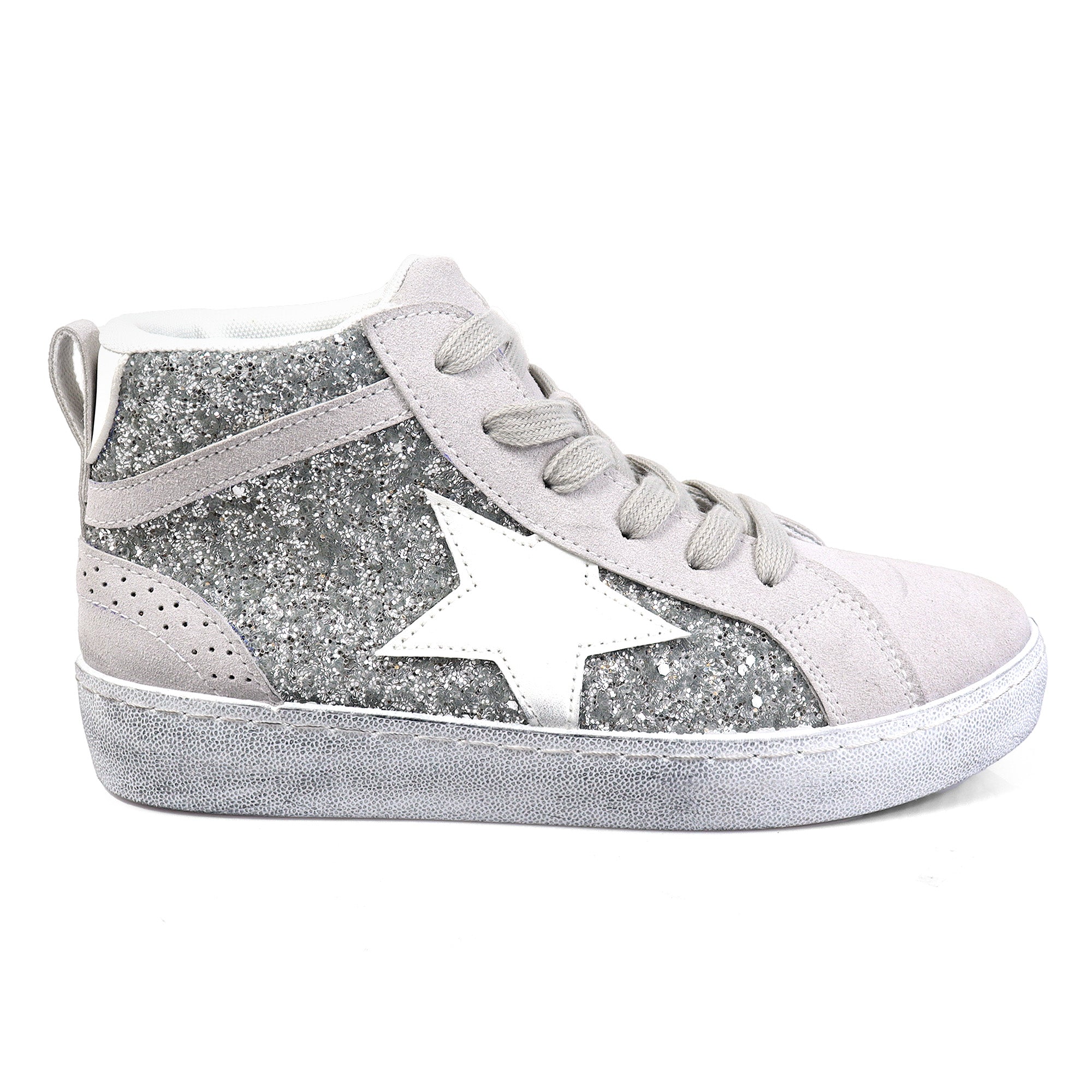 MONDAY-4 BURNISH EFFECT PATCHED MID STAR SNEAKER SILVER