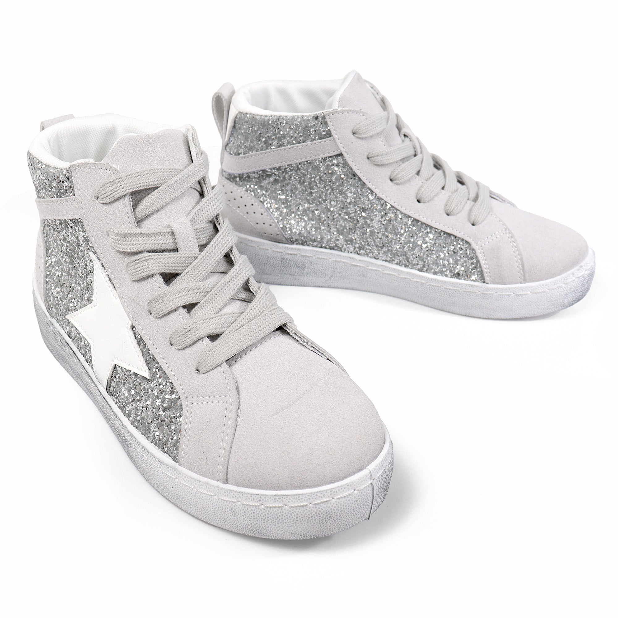 MONDAY-4 BURNISH EFFECT PATCHED MID STAR SNEAKER SILVER