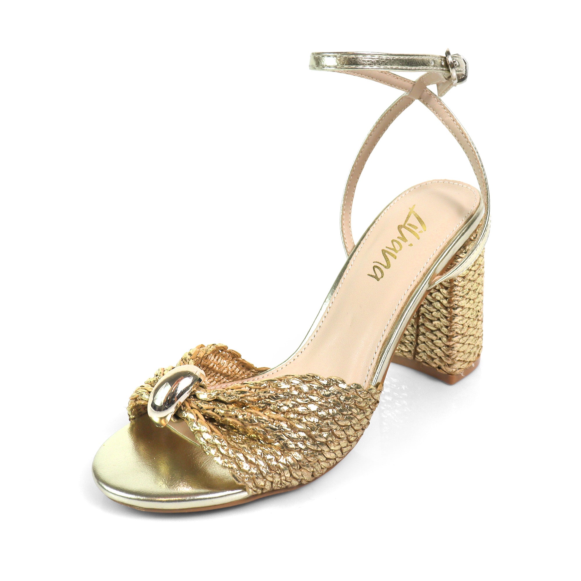 MONICA-1 RAFFIA SANDAL W BLOCK HEEL GOLD
