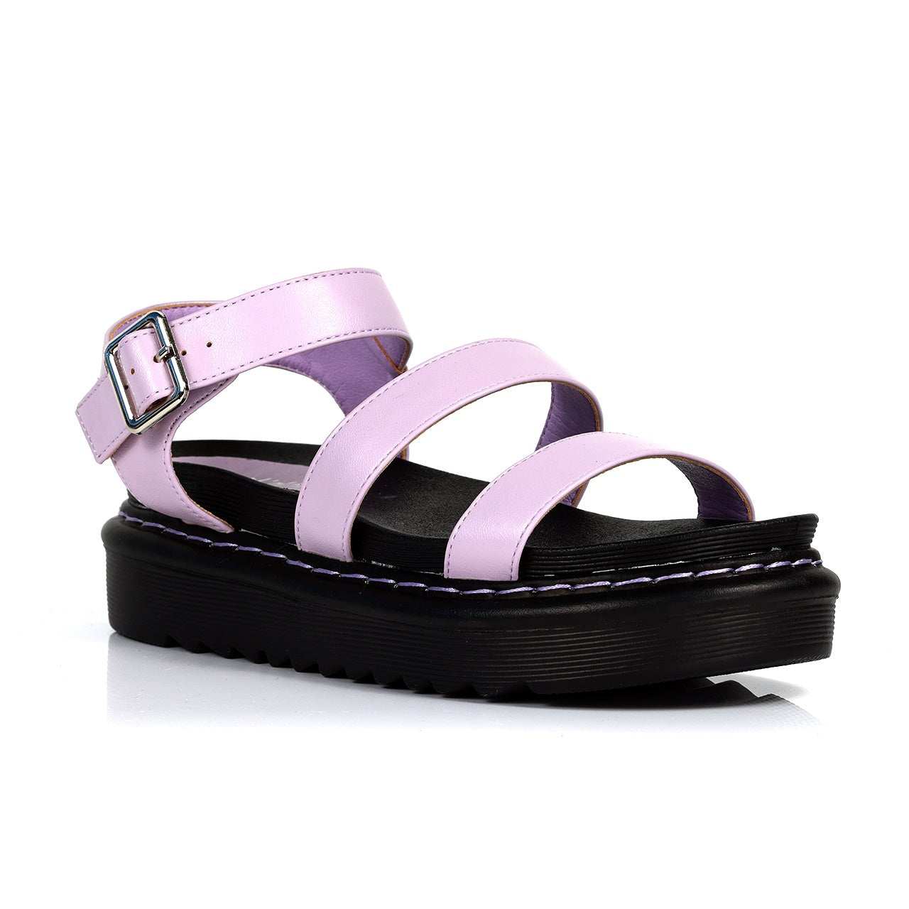 MURA-1 OPEN-TOE LUG SOLE BUCKLE ANCKLE SANDALS-LILAC