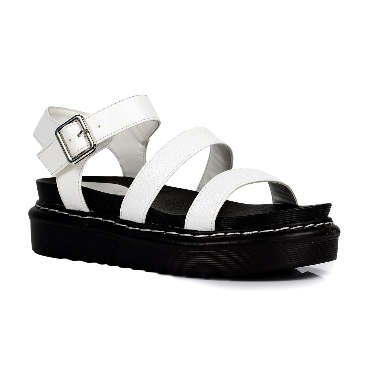 MURA-1 OPEN-TOE LUG SOLE BUCKLE ANCKLE SANDALS-WHITE