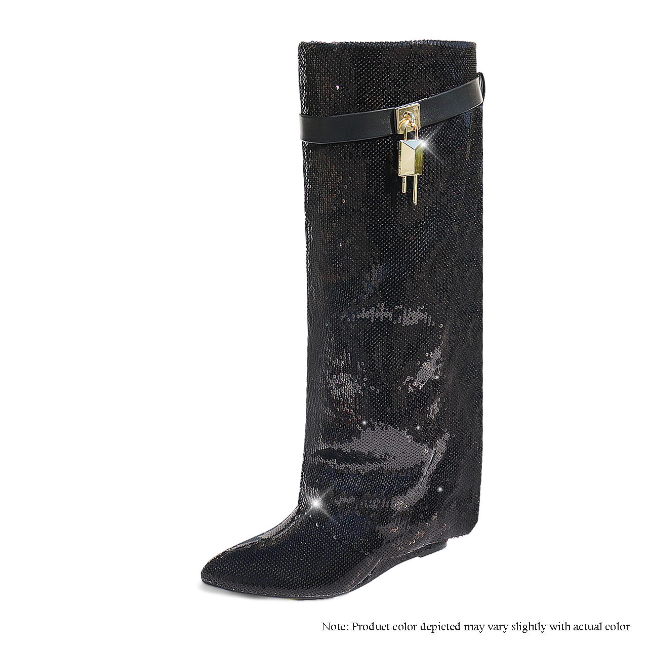 MUTTO-1 DRAPEOVER KNEE HIGH BOOT WEDGE - BLACK SEQUINS