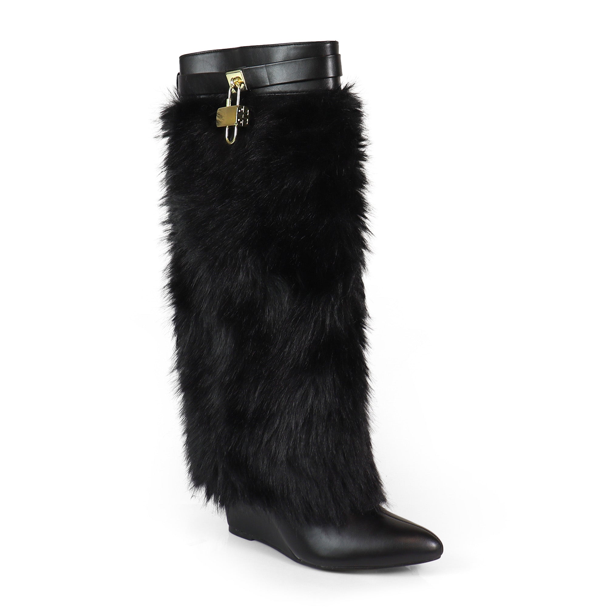MUTTO-16 FUR FOLD OVER W/BUCKLE DRAPE WEDGE BOOTS BLACK