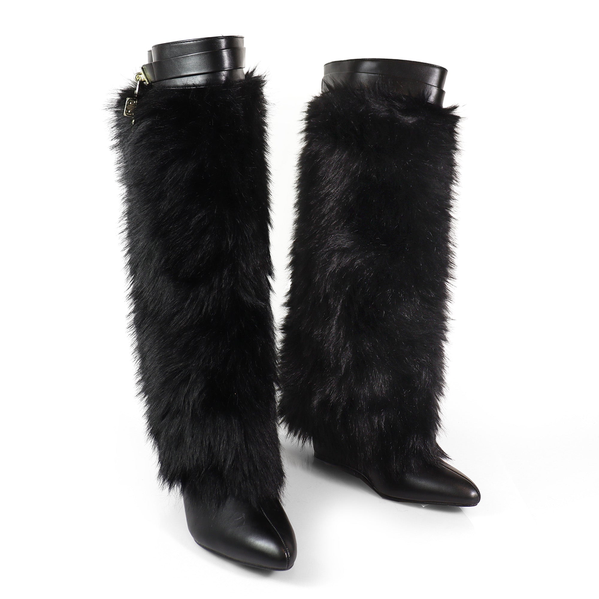 MUTTO-16 FUR FOLD OVER W/BUCKLE DRAPE WEDGE BOOTS BLACK