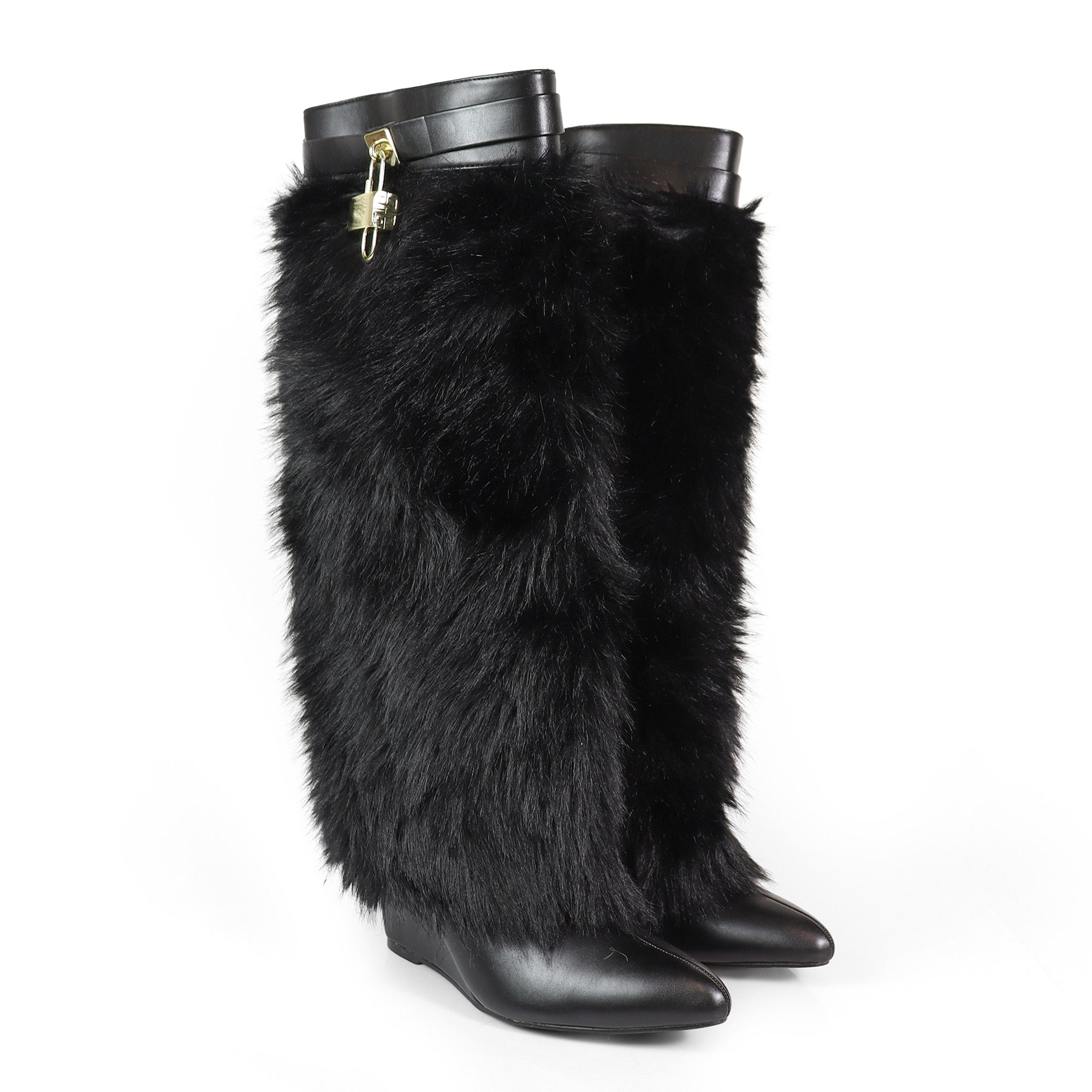 MUTTO-16 FUR FOLD OVER W/BUCKLE DRAPE WEDGE BOOTS BLACK