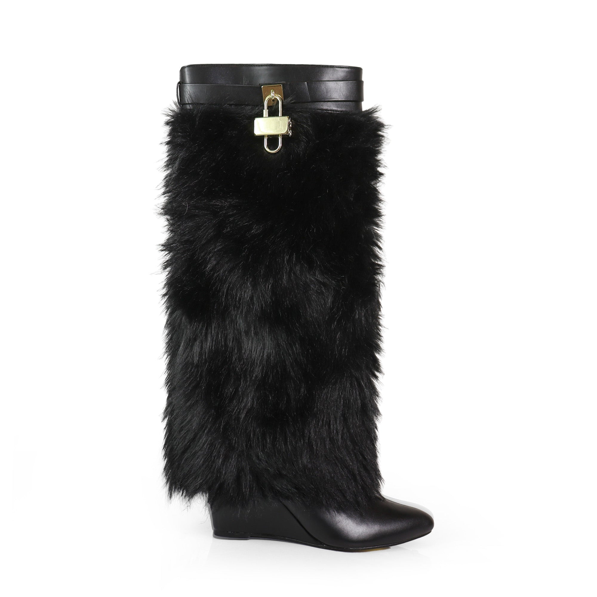 MUTTO-16 FUR FOLD OVER W/BUCKLE DRAPE WEDGE BOOTS BLACK
