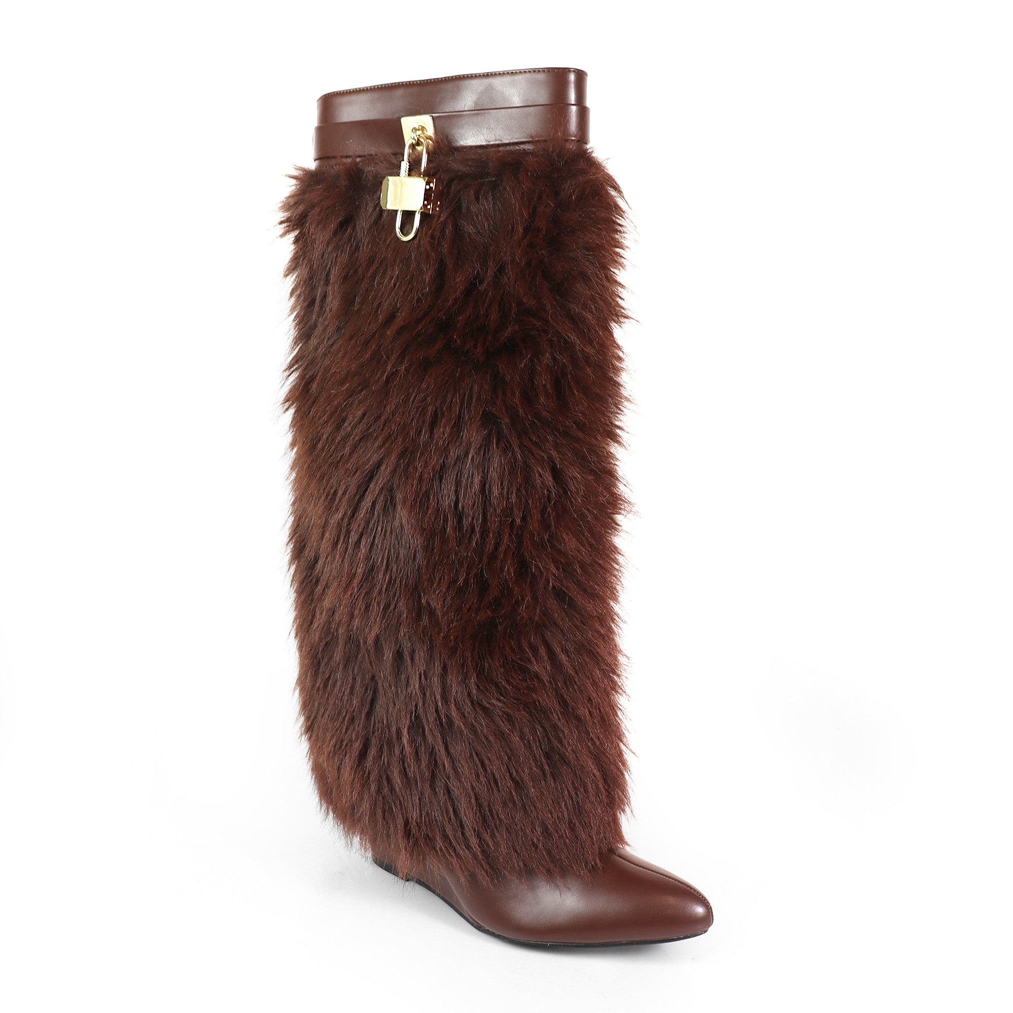 MUTTO-16 FUR FOLD OVER W/BUCKLE DRAPE WEDGE BOOTS BROWN