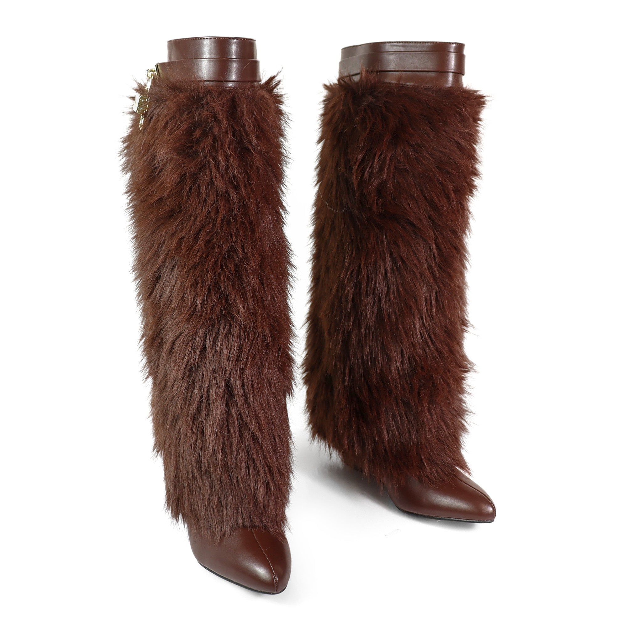 MUTTO-16 FUR FOLD OVER W/BUCKLE DRAPE WEDGE BOOTS BROWN