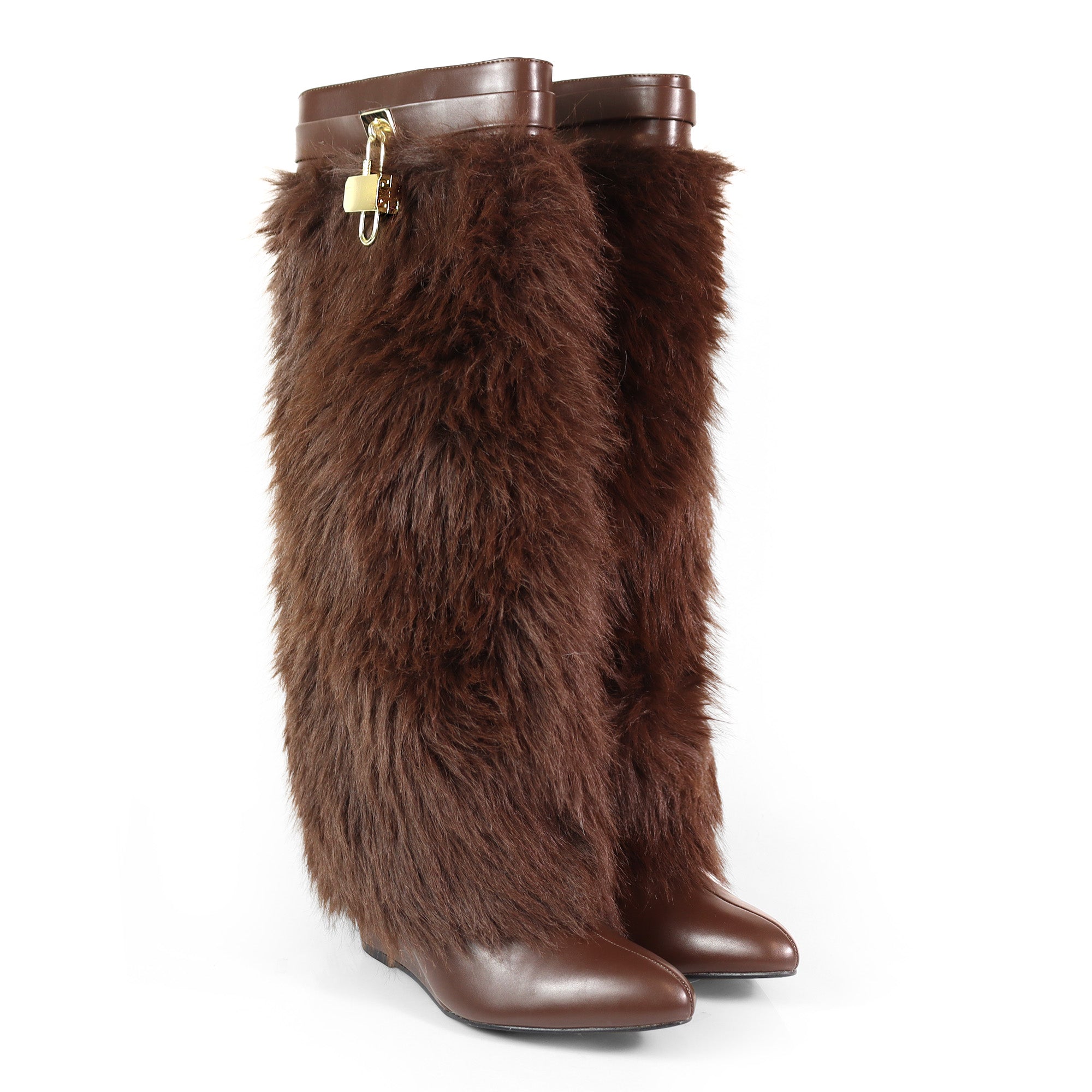 MUTTO-16 FUR FOLD OVER W/BUCKLE DRAPE WEDGE BOOTS BROWN