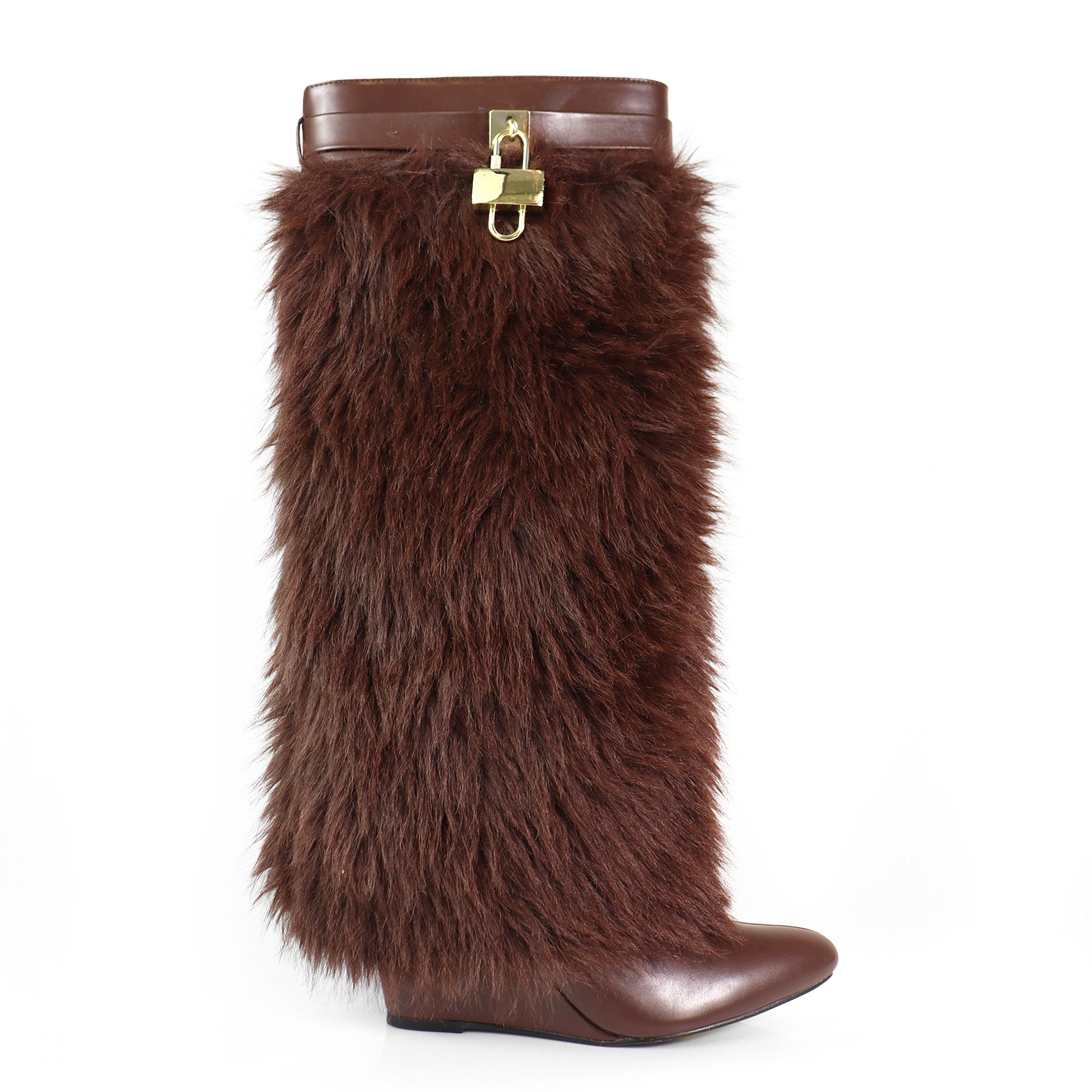 MUTTO-16 FUR FOLD OVER W/BUCKLE DRAPE WEDGE BOOTS BROWN