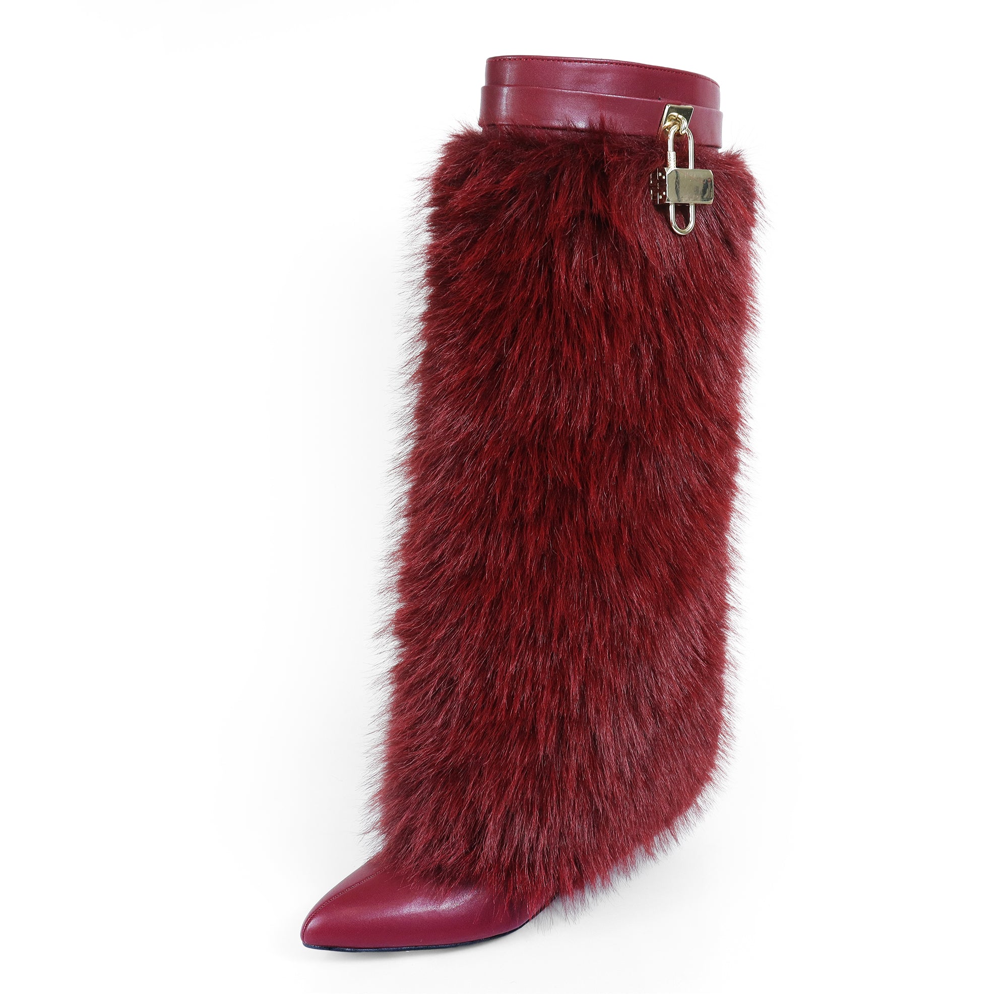 MUTTO-16 FUR FOLD OVER W/BUCKLE DRAPE WEDGE BOOTS BURGUNDY