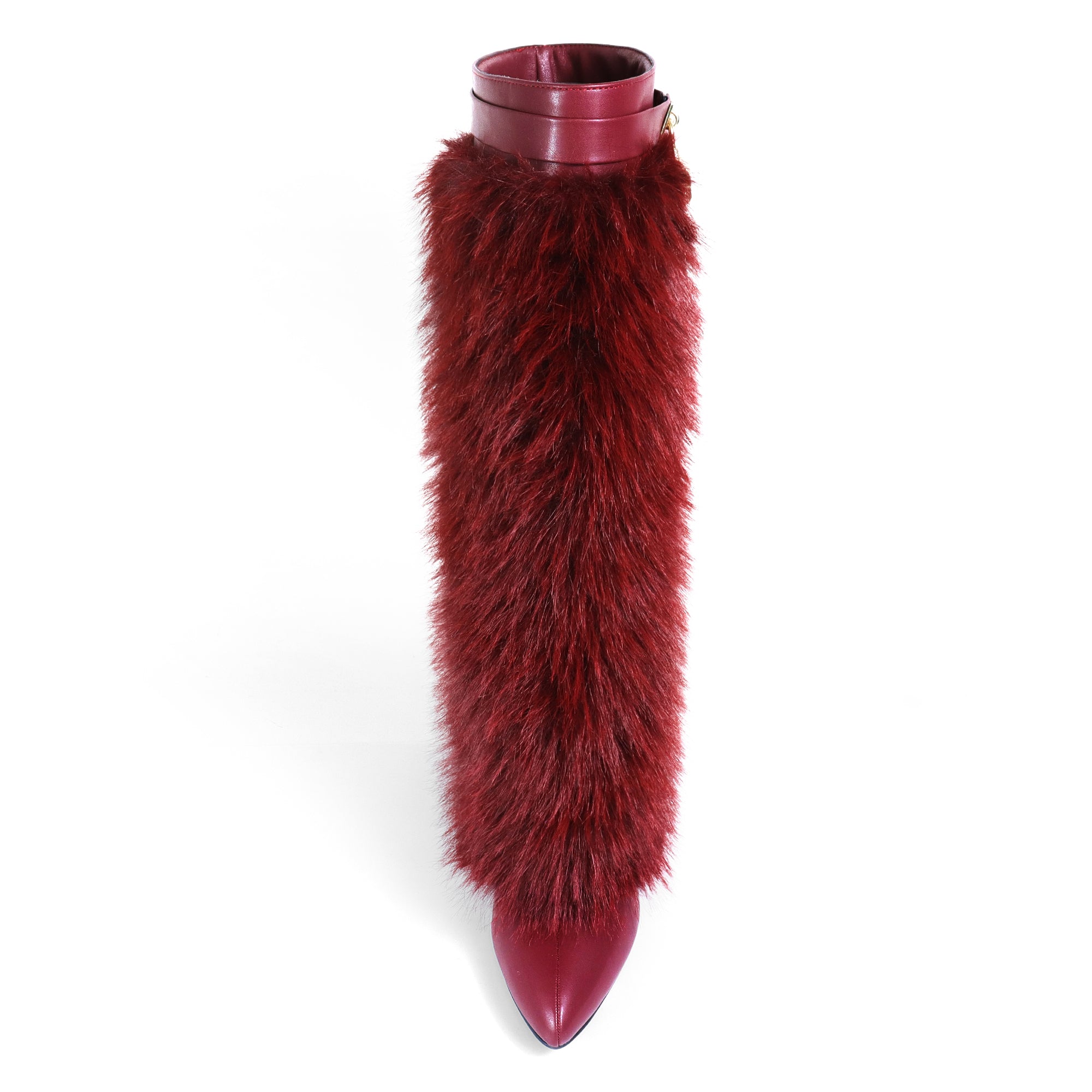 MUTTO-16 FUR FOLD OVER W/BUCKLE DRAPE WEDGE BOOTS BURGUNDY