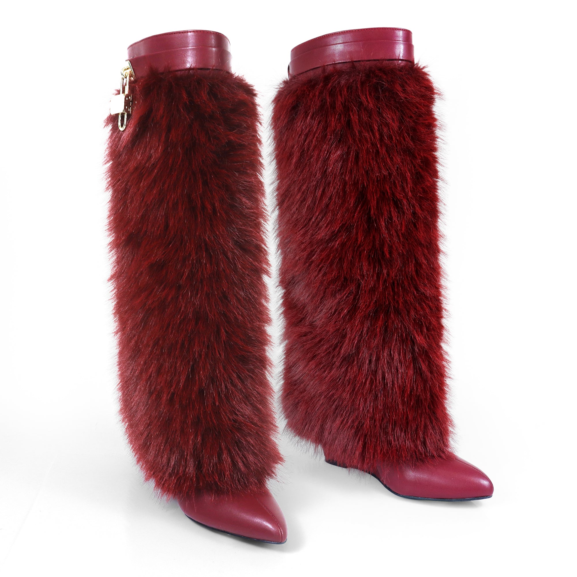 MUTTO-16 FUR FOLD OVER W/BUCKLE DRAPE WEDGE BOOTS BURGUNDY