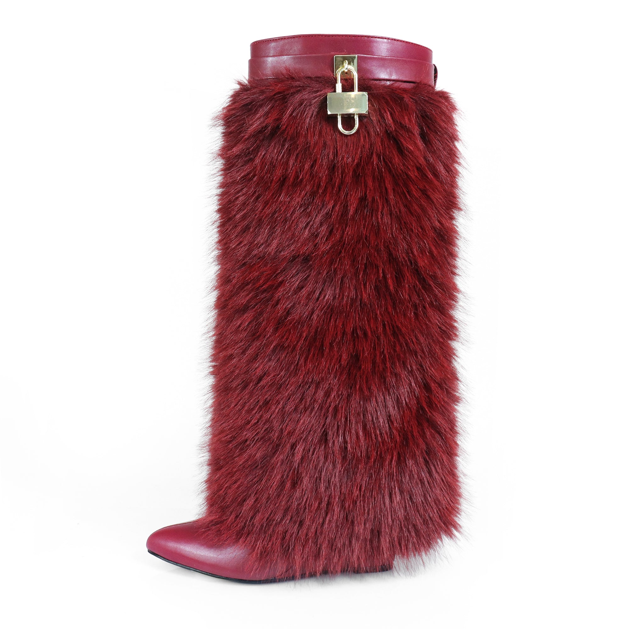 MUTTO-16 FUR FOLD OVER W/BUCKLE DRAPE WEDGE BOOTS BURGUNDY