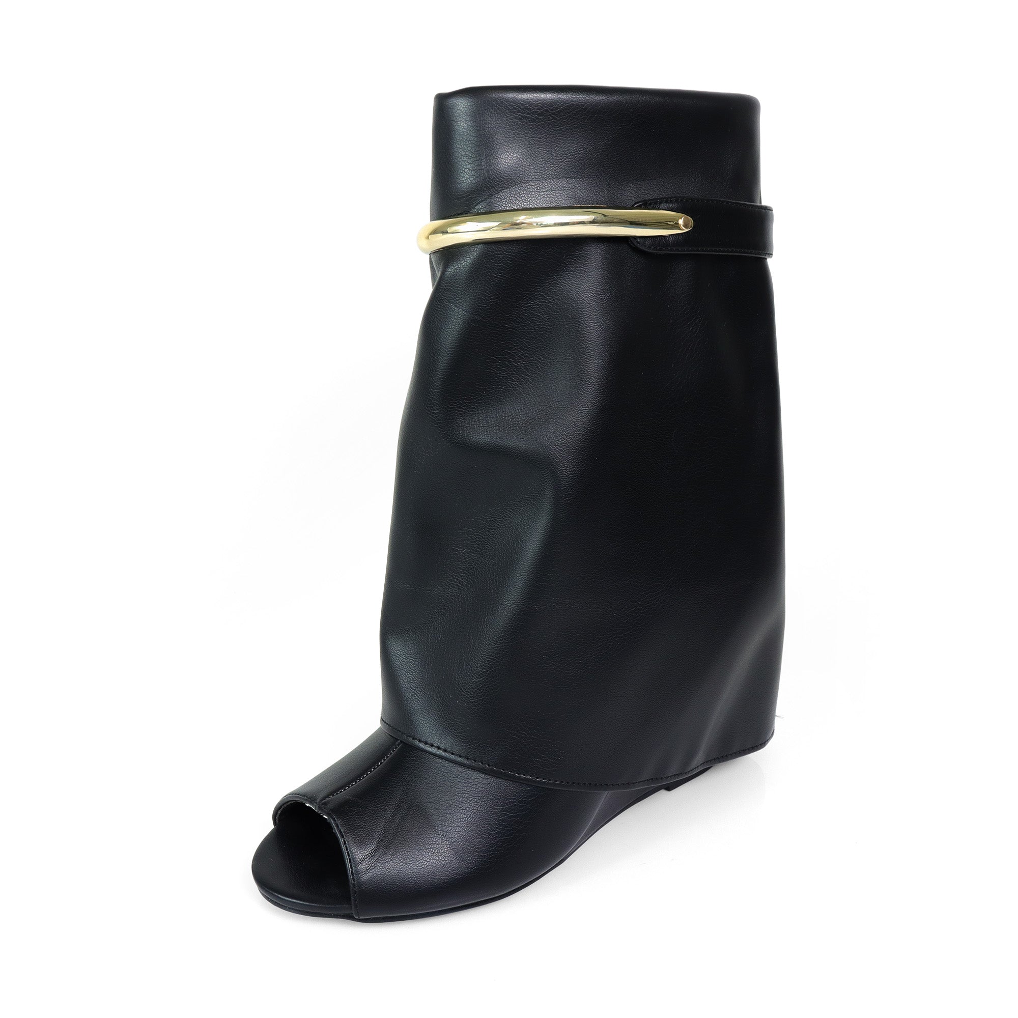 MUTTO-28 PEEL TOE RING DRAPEOVER SHORT BOOTIES W/ WEDGE BLACK