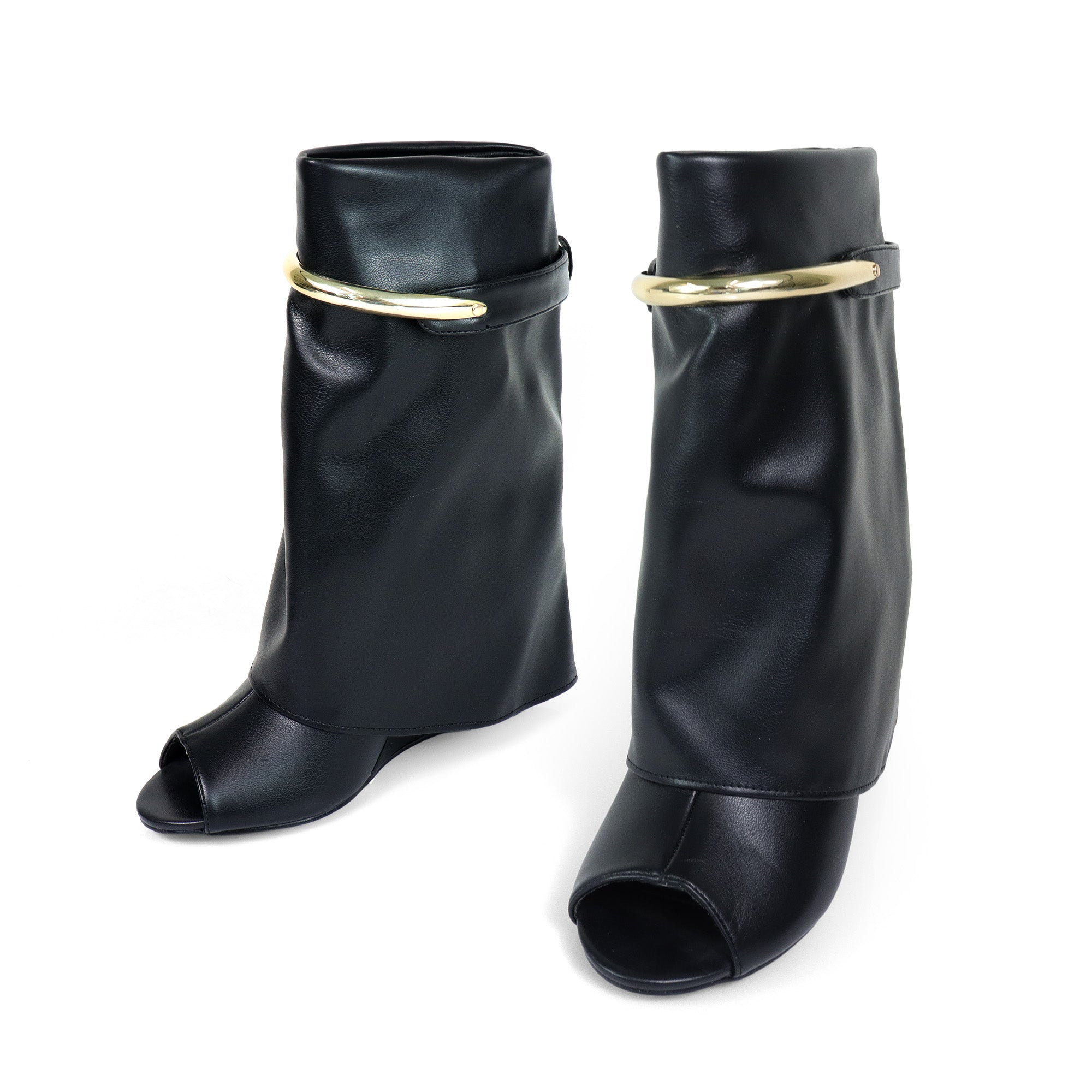 MUTTO-28 PEEL TOE RING DRAPEOVER SHORT BOOTIES W/ WEDGE BLACK