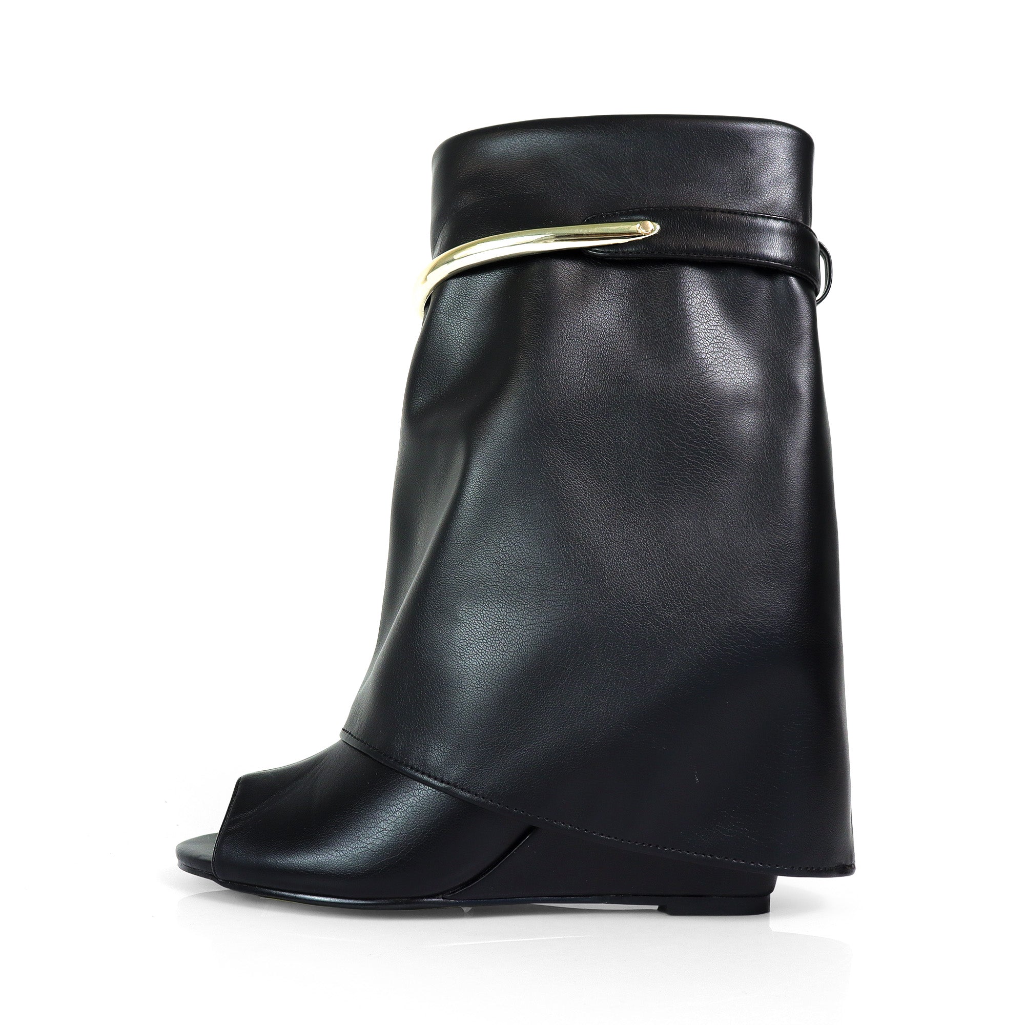 MUTTO-28 PEEL TOE RING DRAPEOVER SHORT BOOTIES W/ WEDGE BLACK