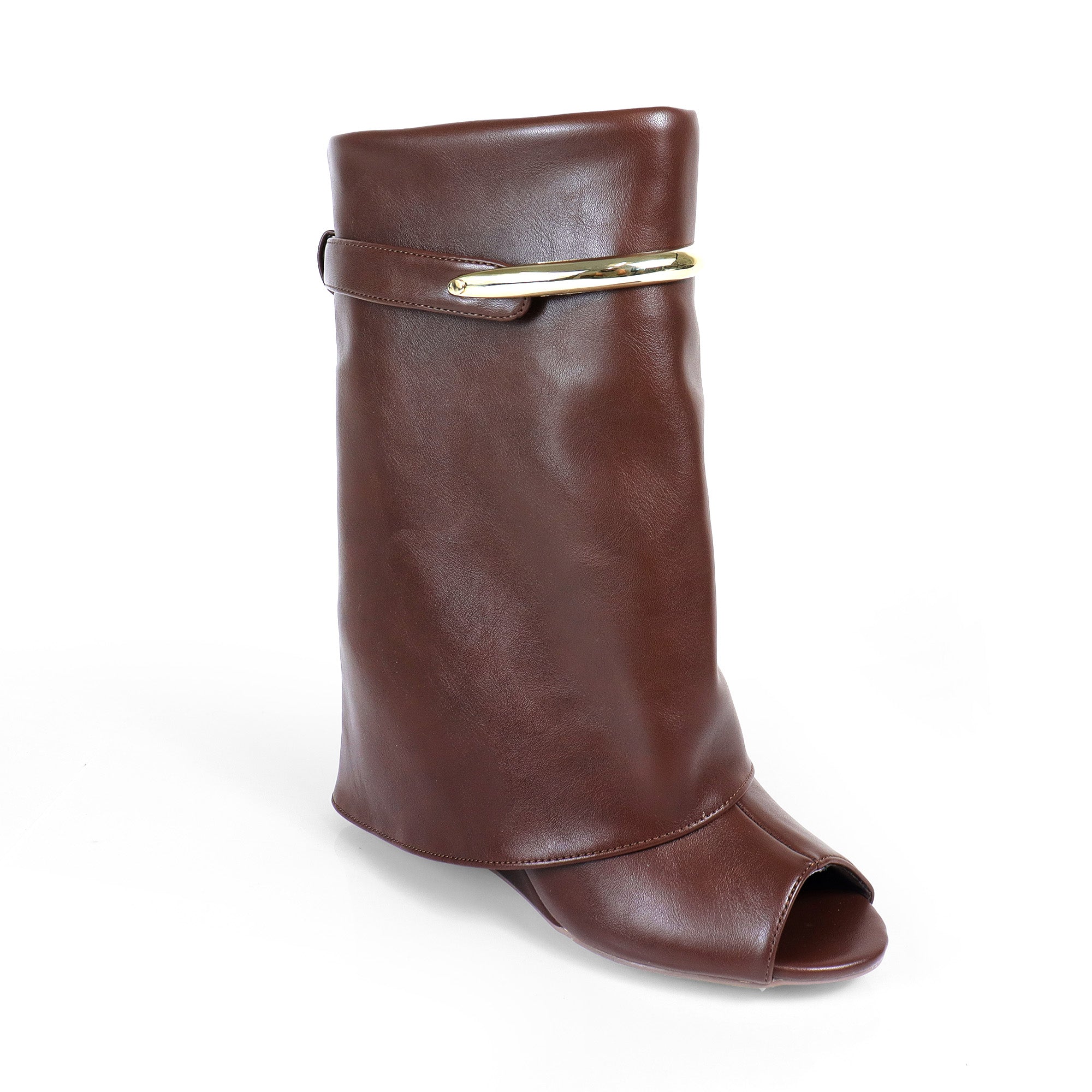 MUTTO-28 PEEL TOE RING DRAPEOVER SHORT BOOTIES W/ WEDGE BROWN