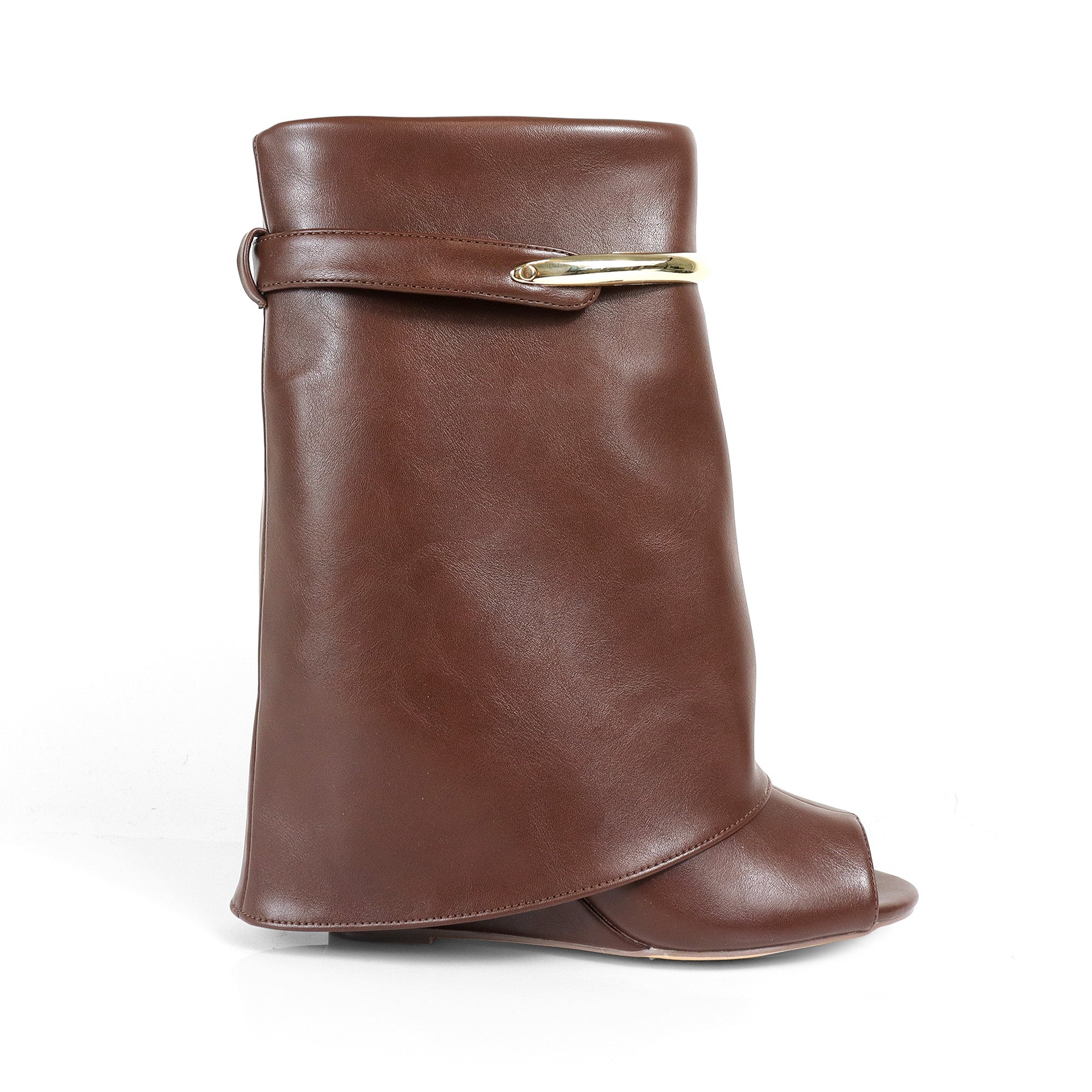 MUTTO-28 PEEL TOE RING DRAPEOVER SHORT BOOTIES W/ WEDGE BROWN