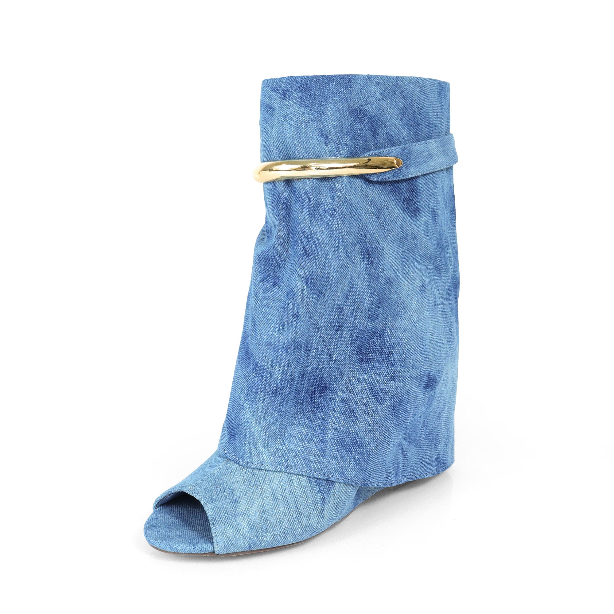 MUTTO-28 PEEL TOE RING DRAPEOVER SHORT BOOTIES W/ WEDGE DENIM