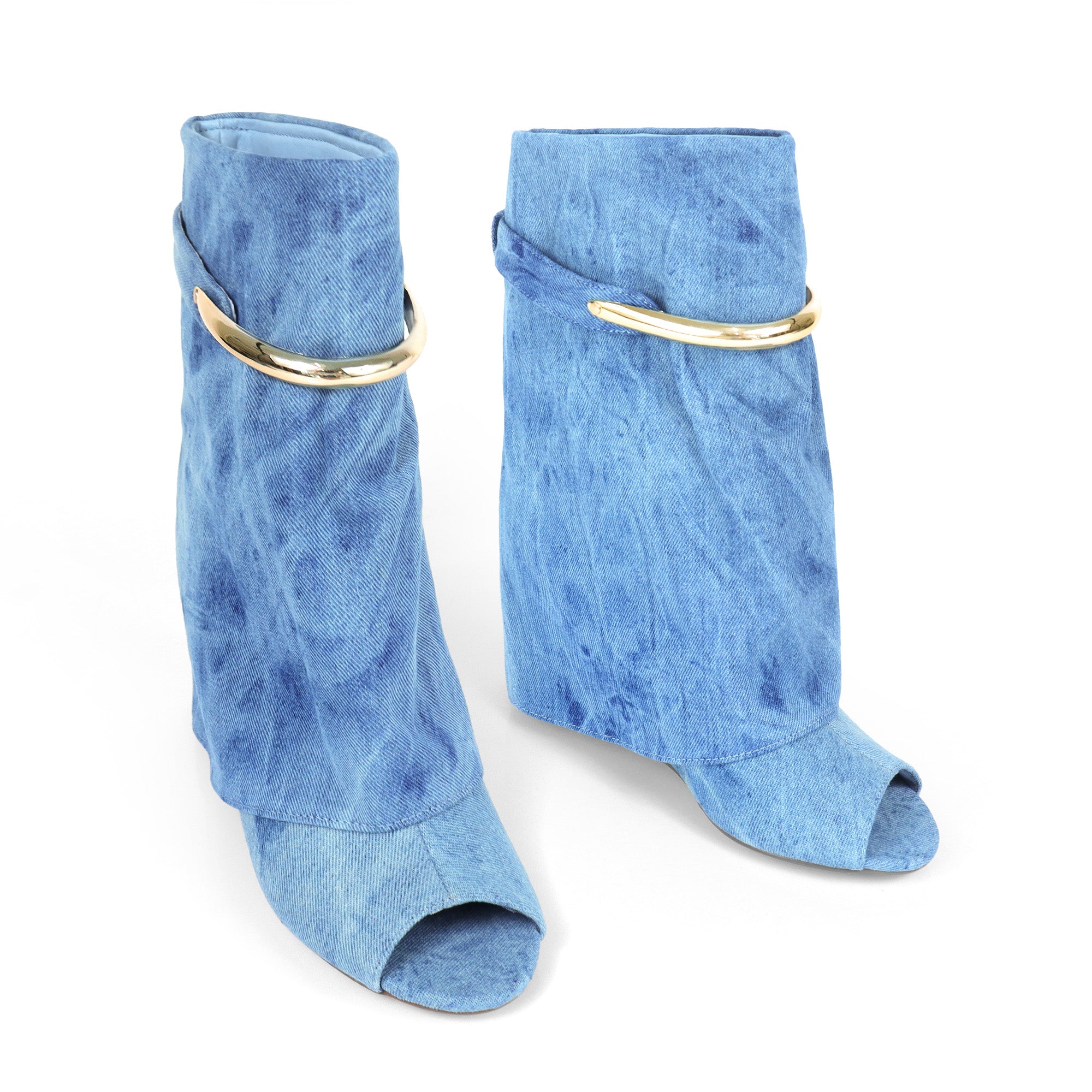 MUTTO-28 PEEL TOE RING DRAPEOVER SHORT BOOTIES W/ WEDGE DENIM