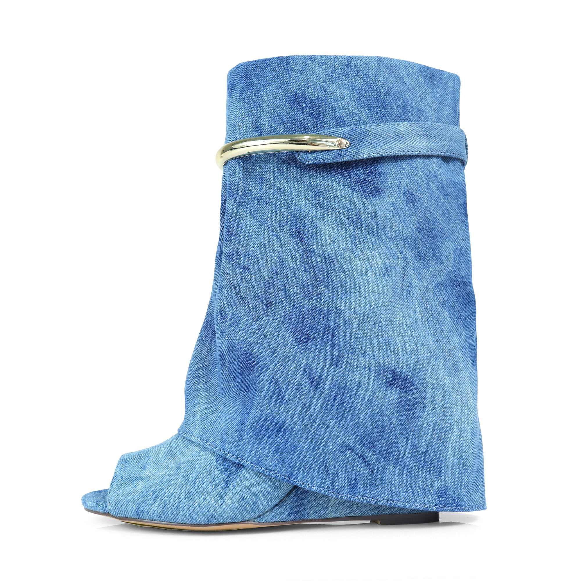 MUTTO-28 PEEL TOE RING DRAPEOVER SHORT BOOTIES W/ WEDGE DENIM