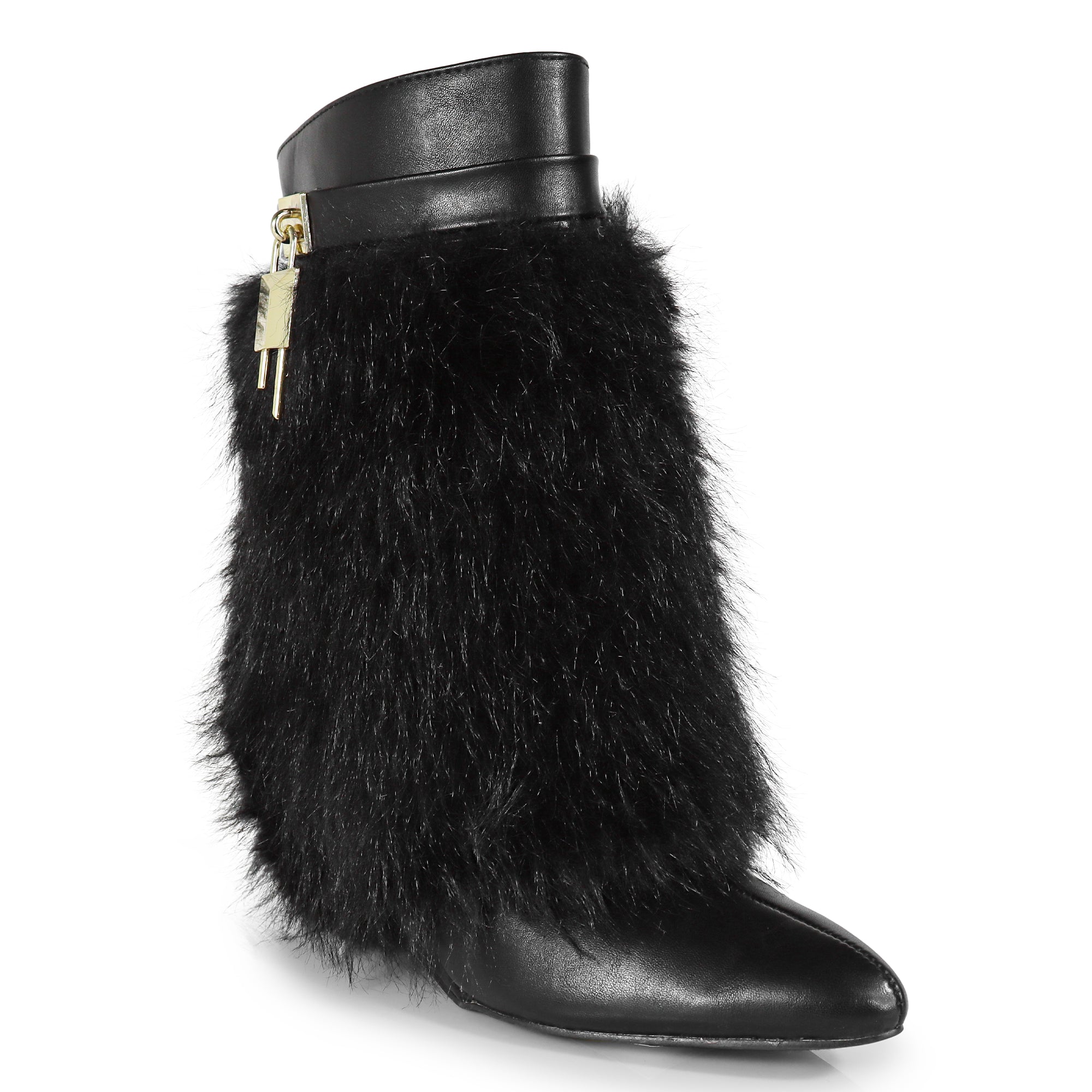 MUTTO-3 FUR FOLD OVER W/BUCKLE DRAPE WEDGE BOOTIE BLACK