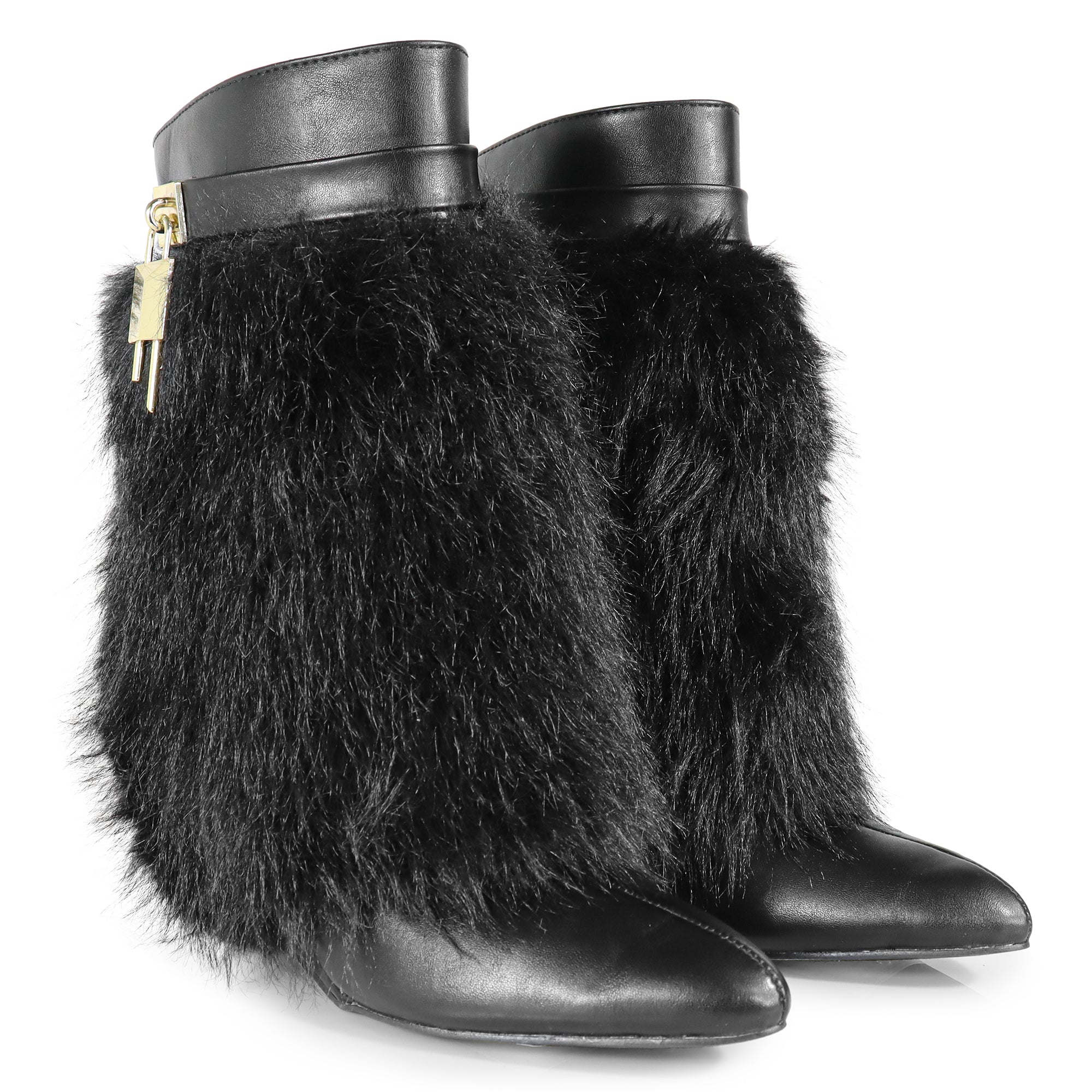 MUTTO-3 FUR FOLD OVER W/BUCKLE DRAPE WEDGE BOOTIE BLACK