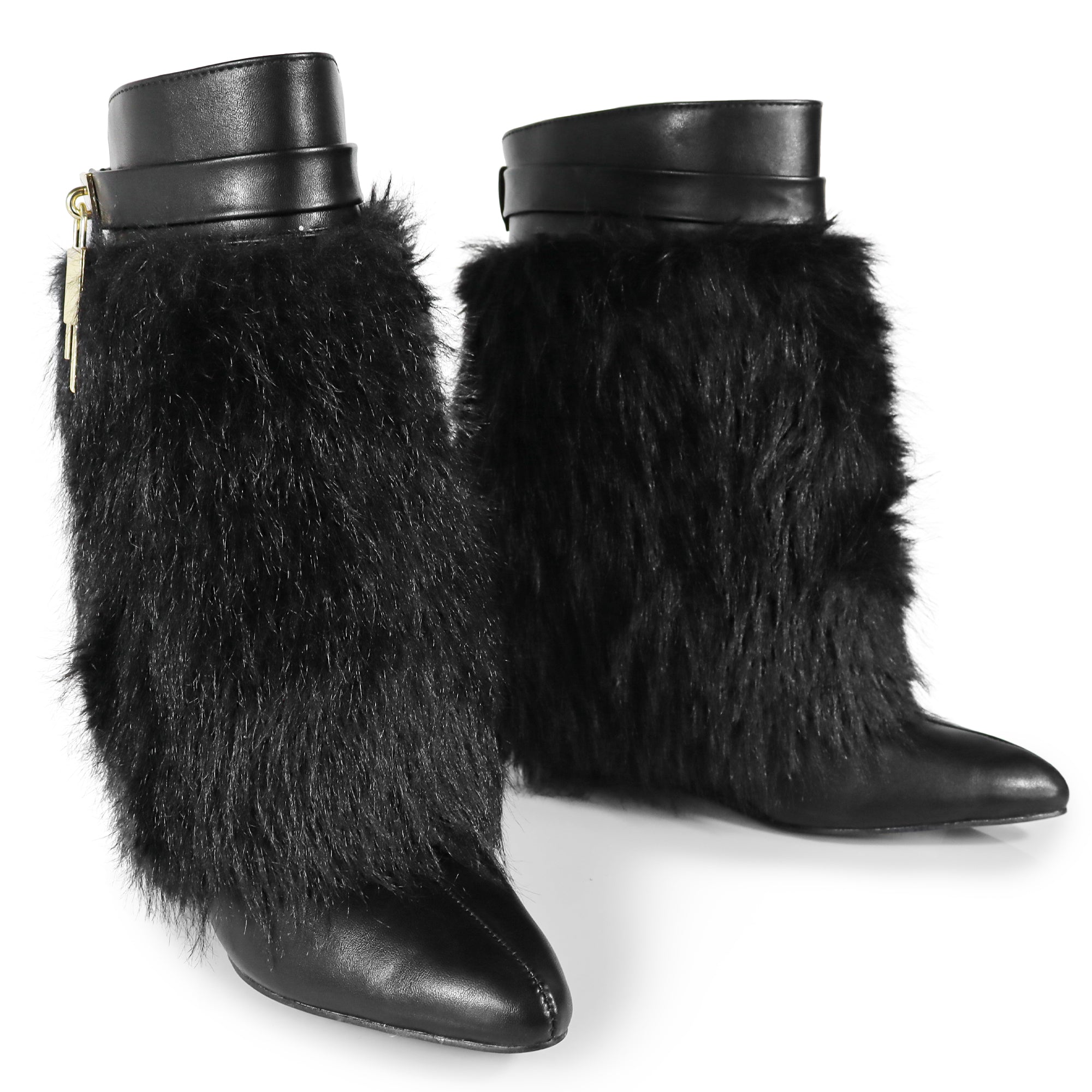 MUTTO-3 FUR FOLD OVER W/BUCKLE DRAPE WEDGE BOOTIE BLACK