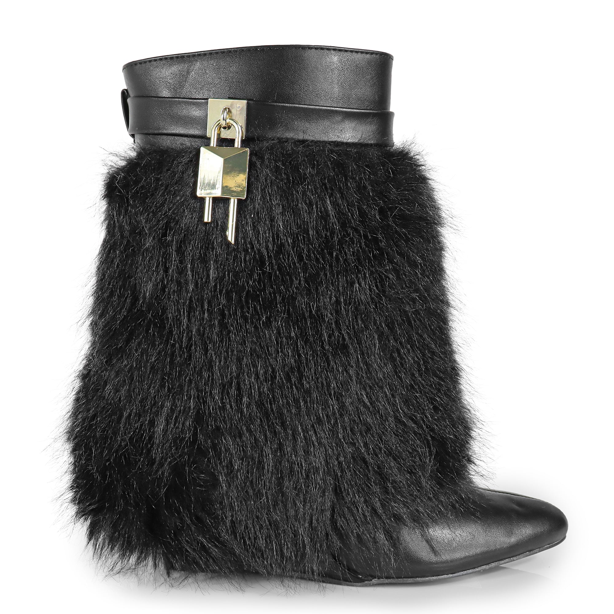 MUTTO-3 FUR FOLD OVER W/BUCKLE DRAPE WEDGE BOOTIE BLACK