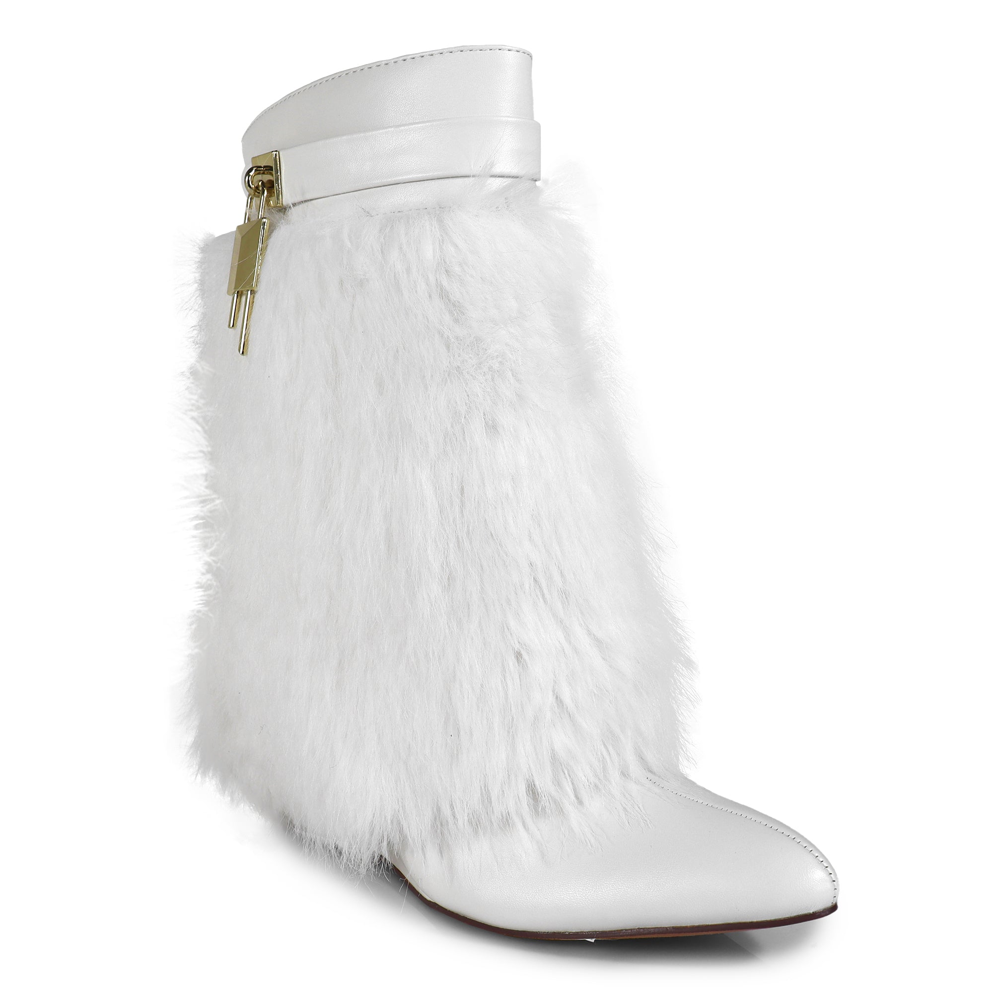 MUTTO-3 FUR FOLD OVER W/BUCKLE DRAPE WEDGE BOOTIE WHITE