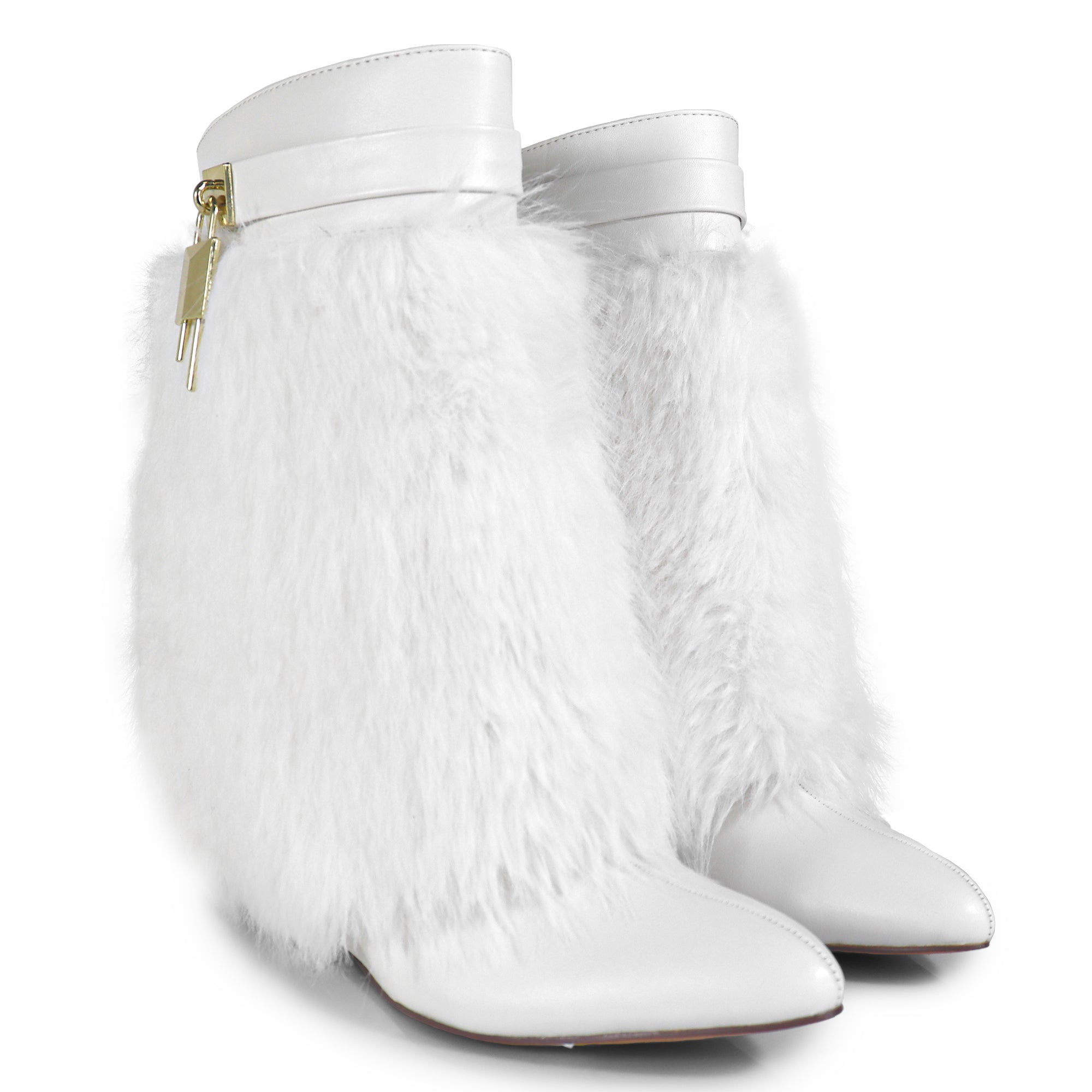 MUTTO-3 FUR FOLD OVER W/BUCKLE DRAPE WEDGE BOOTIE WHITE