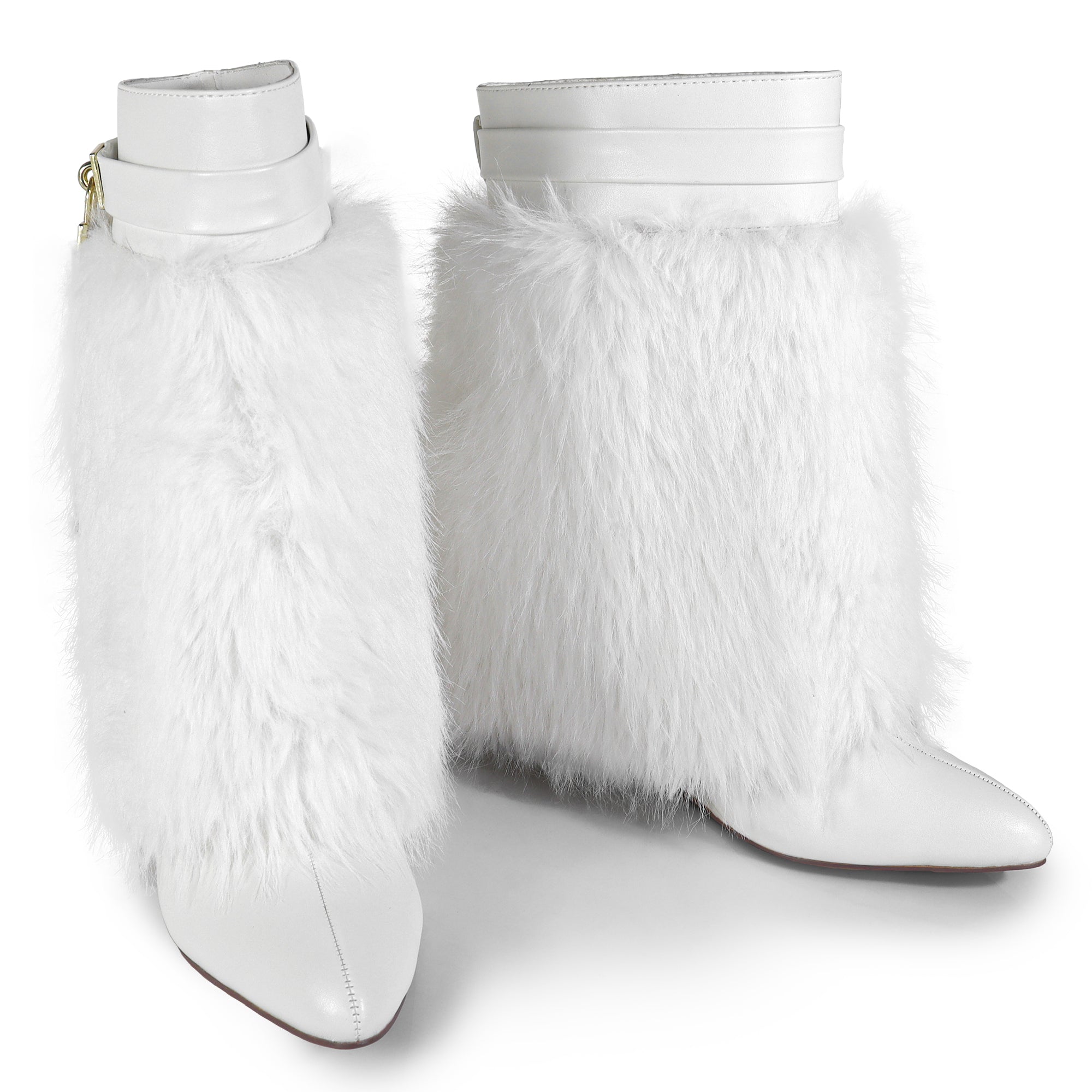 MUTTO-3 FUR FOLD OVER W/BUCKLE DRAPE WEDGE BOOTIE WHITE