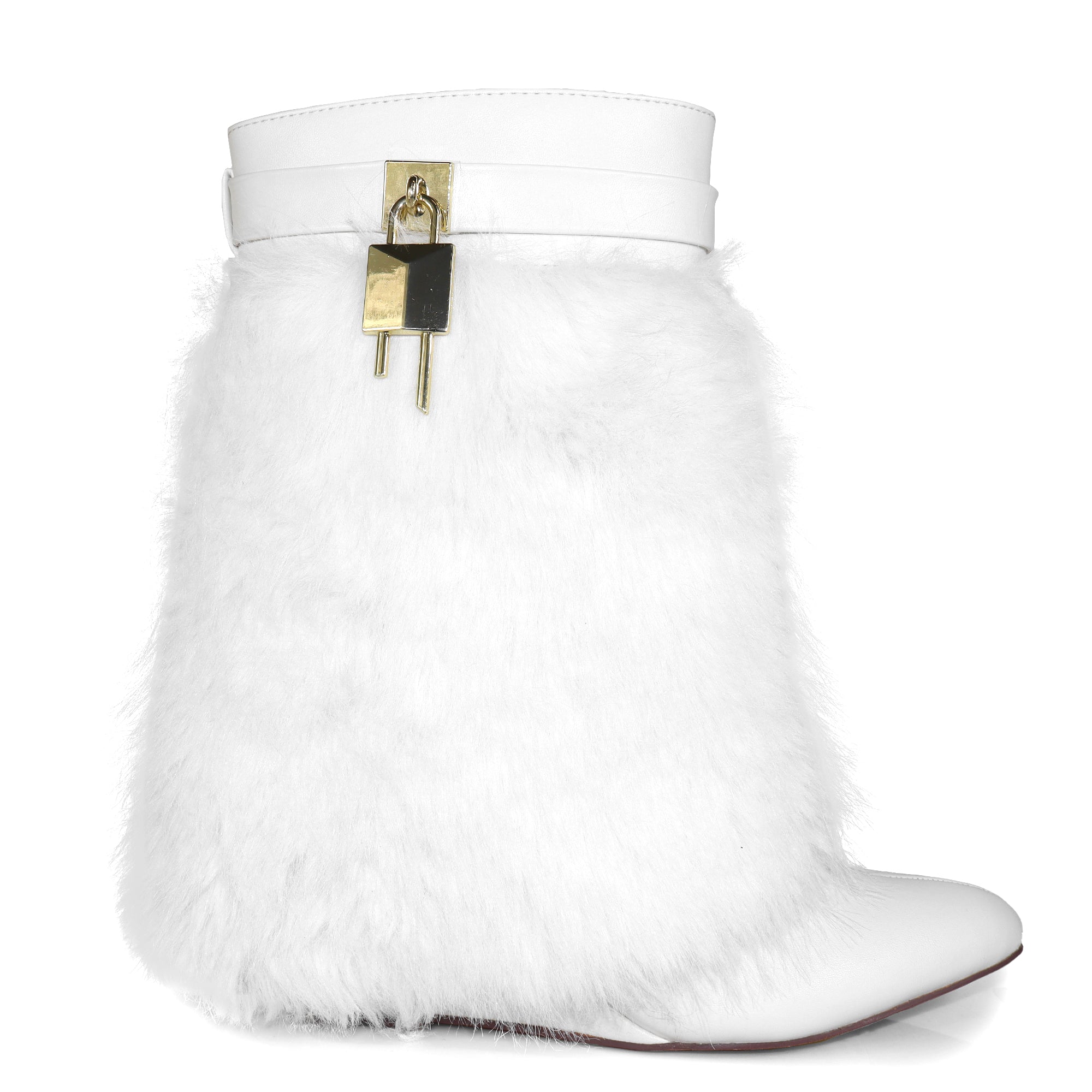 MUTTO-3 FUR FOLD OVER W/BUCKLE DRAPE WEDGE BOOTIE WHITE