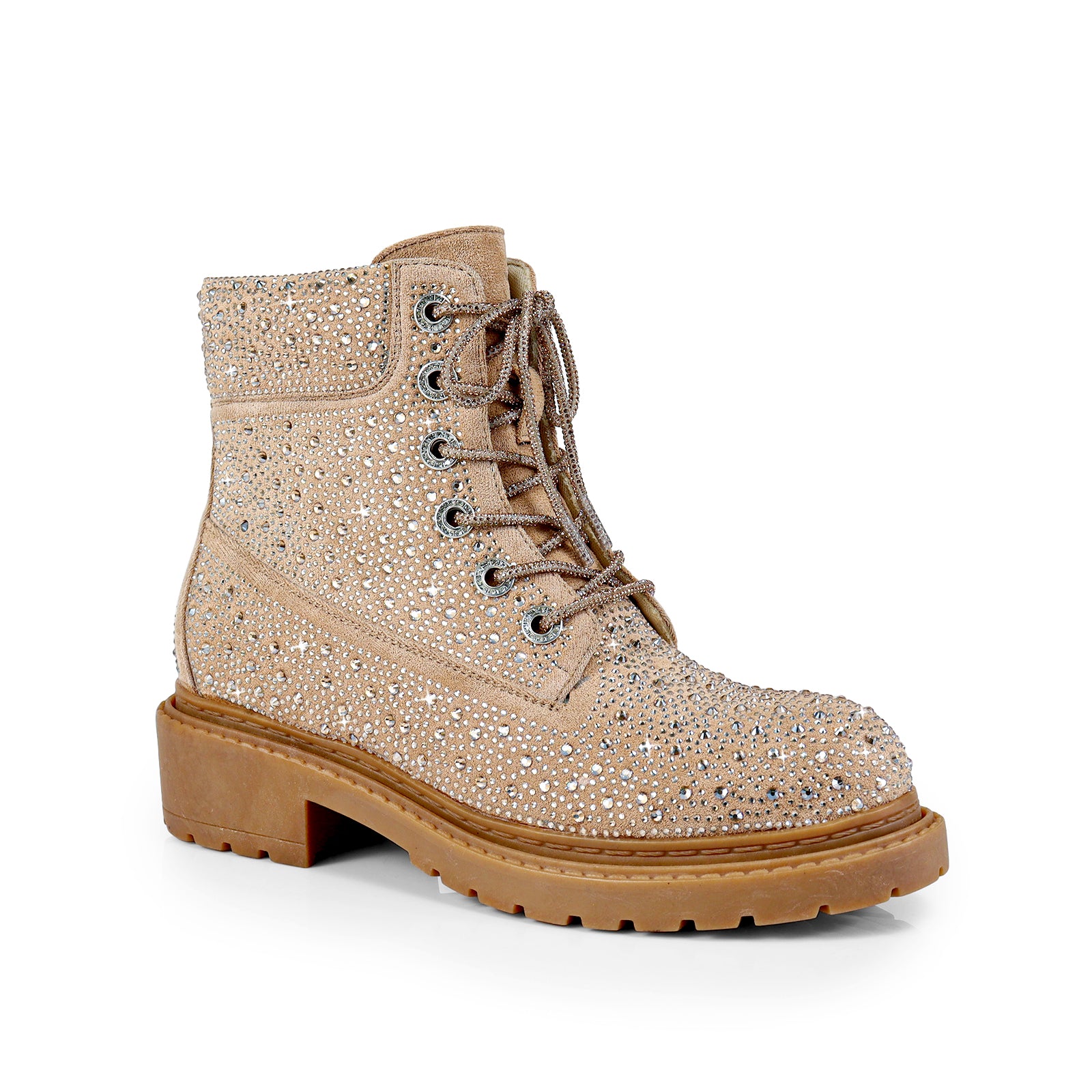 MYERS-1 RHINESTONE COMBAT BOOTIE LACE UP CAMEL