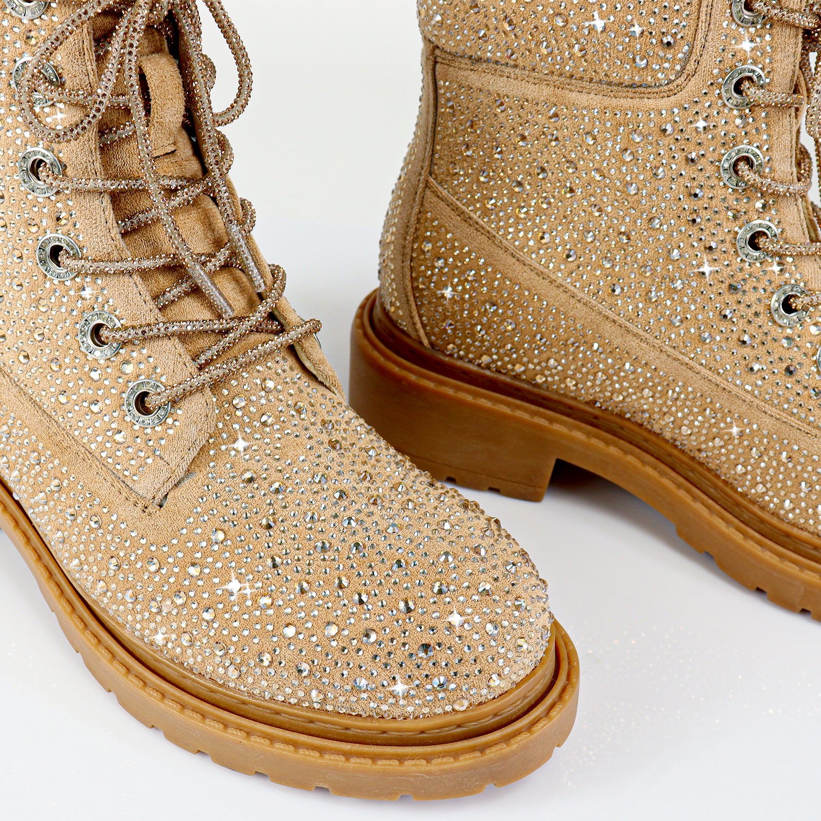 MYERS-1 RHINESTONE COMBAT BOOTIE LACE UP CAMEL