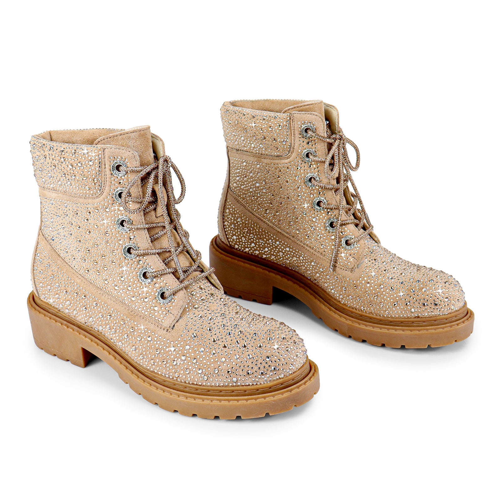MYERS-1 RHINESTONE COMBAT BOOTIE LACE UP CAMEL