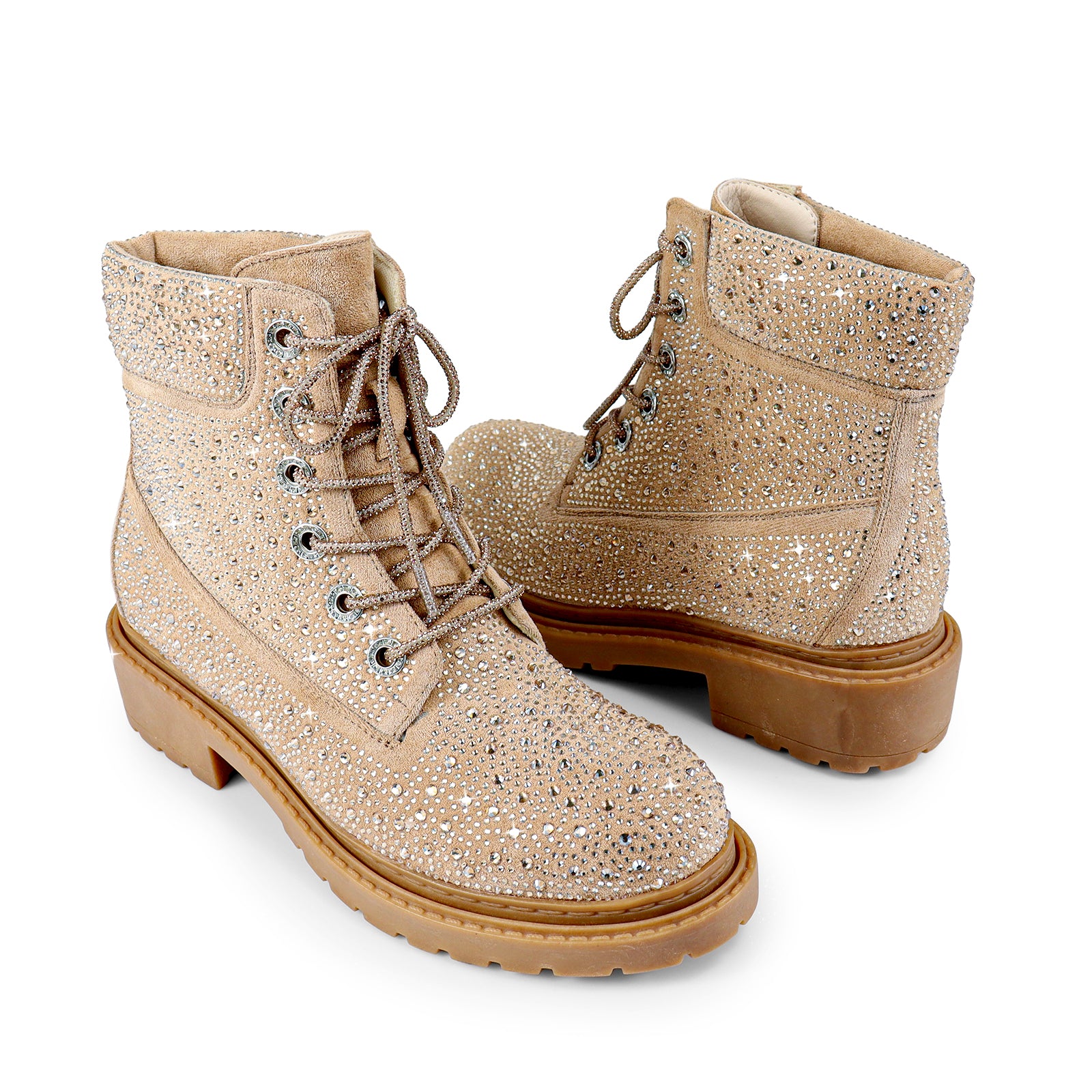 MYERS-1 RHINESTONE COMBAT BOOTIE LACE UP CAMEL