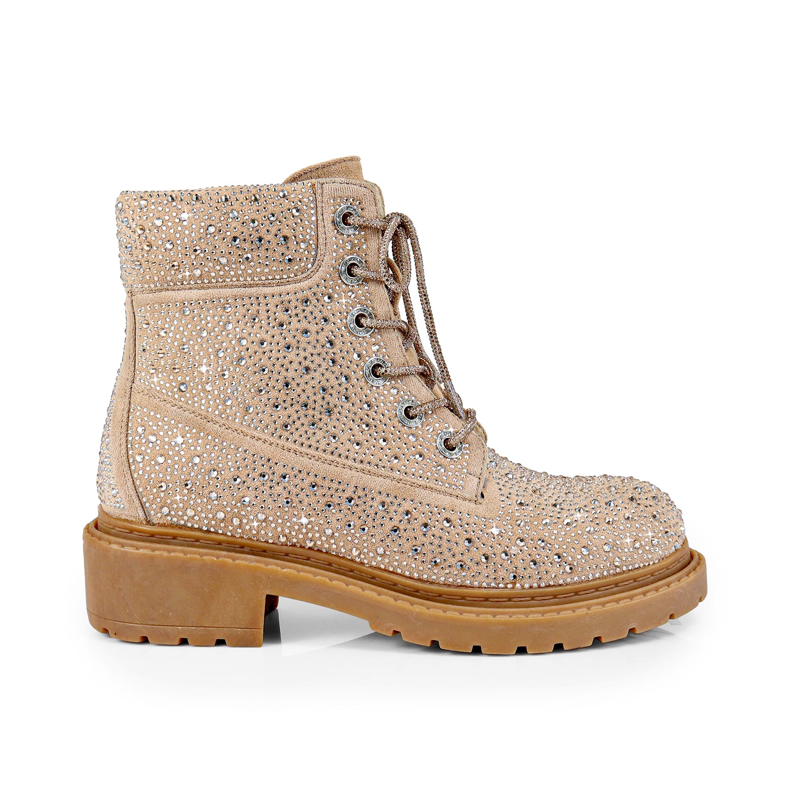 MYERS-1 RHINESTONE COMBAT BOOTIE LACE UP CAMEL