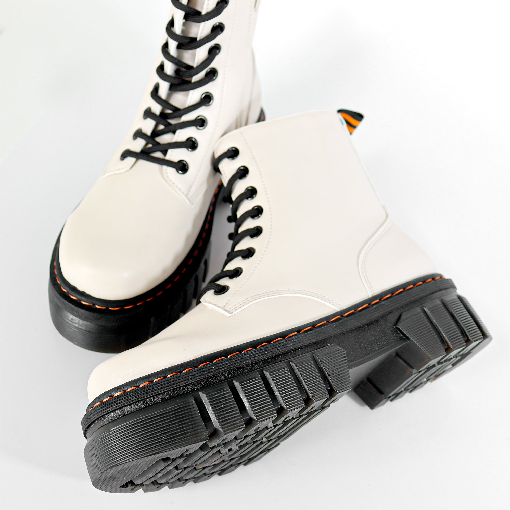 NELLY-1 ANKLE HIGH COMBAT BOOTS W/ LUG SOLE BEIGE