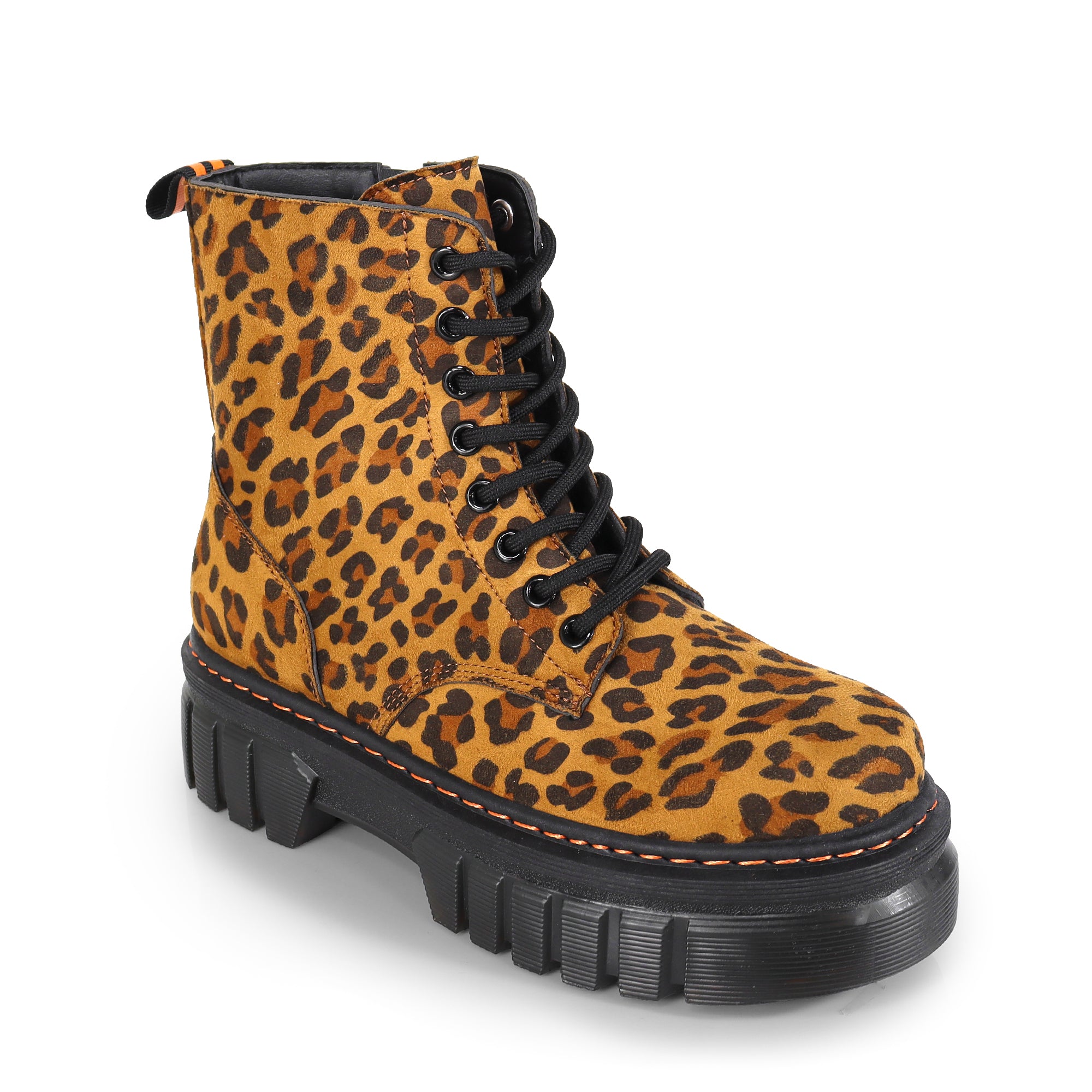 NELLY-1 ANKLE HIGH COMBAT BOOTS W/ LUG SOLE LEOPARD