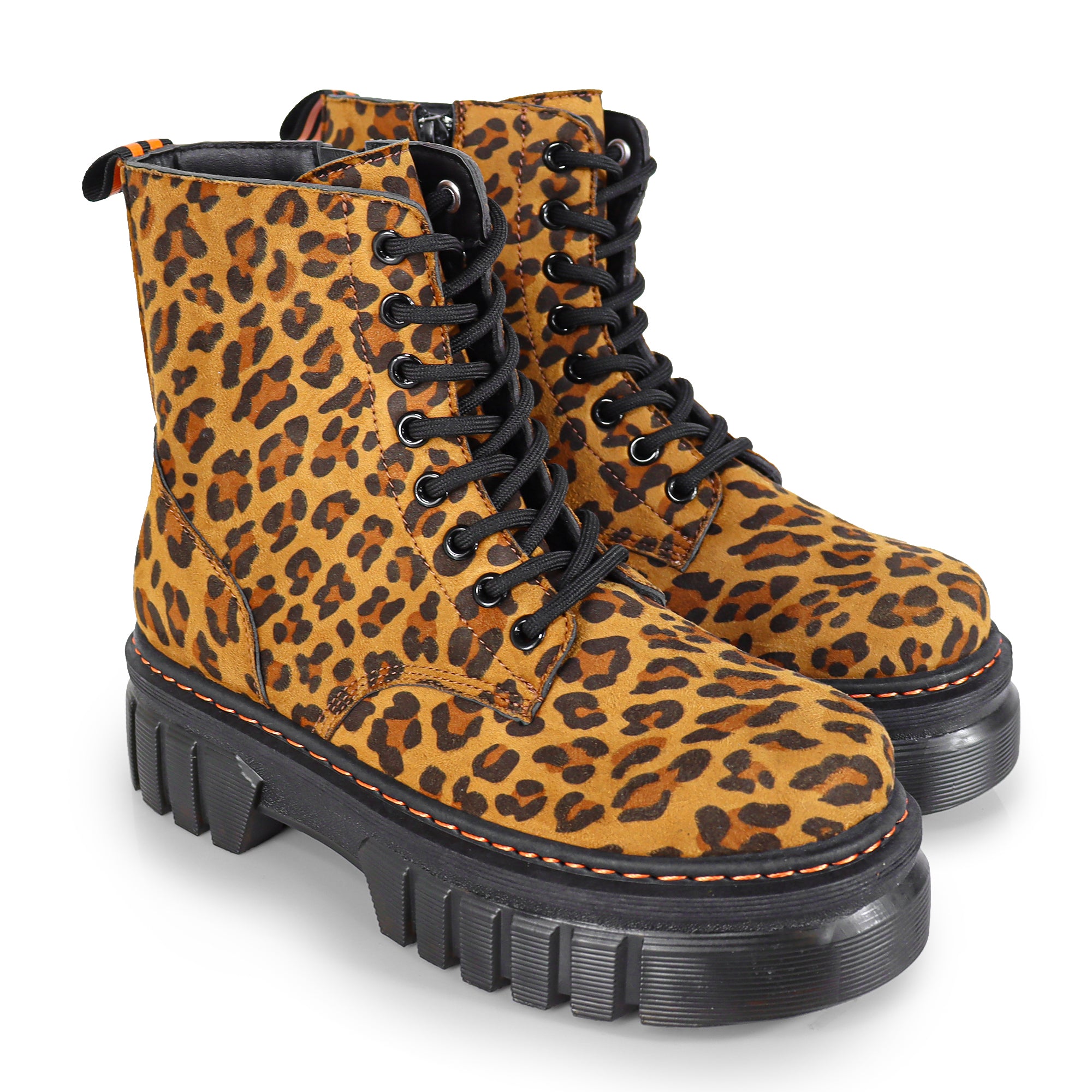 NELLY-1 ANKLE HIGH COMBAT BOOTS W/ LUG SOLE LEOPARD